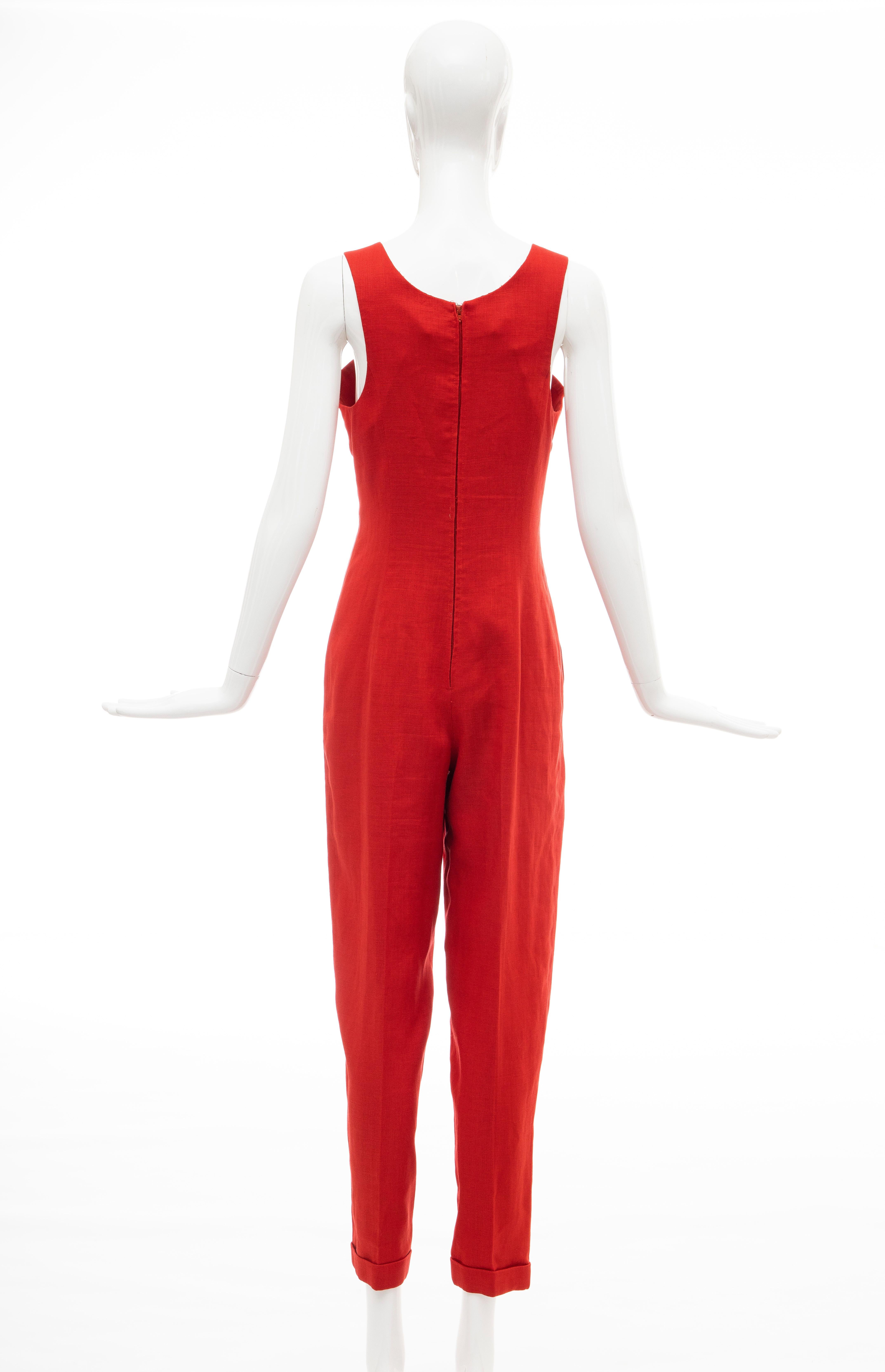 Geoffrey Beene Red Linen Jumpsuit Silk Lined With Jacket, Circa: 1970's For Sale 4