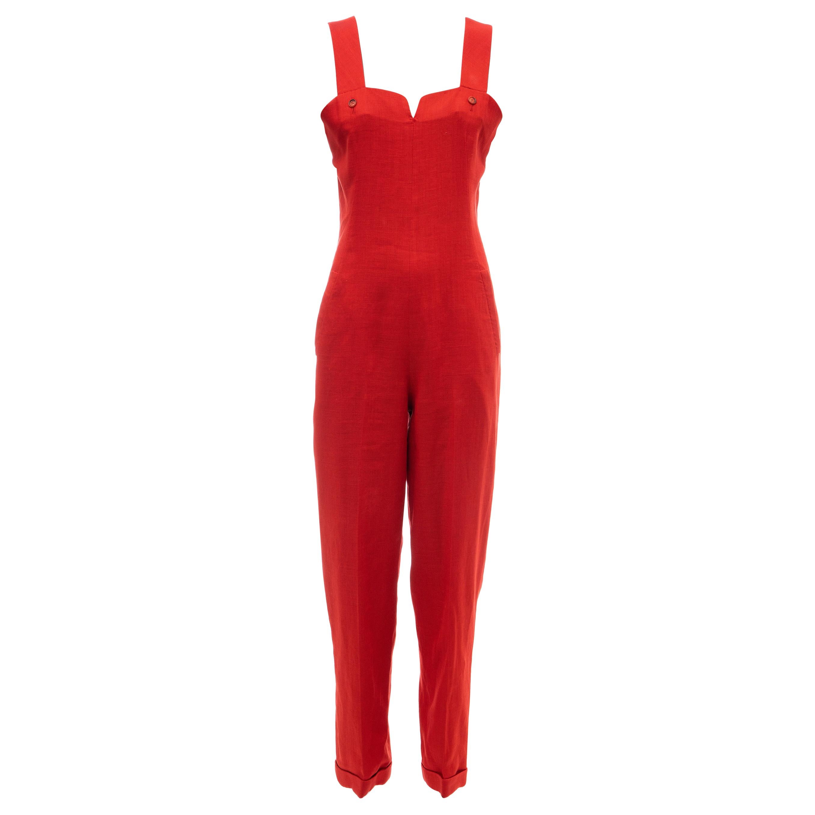 Geoffrey Beene Red Linen Jumpsuit Silk Lined With Jacket, Circa: 1970's For Sale