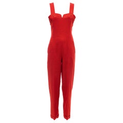 Geoffrey Beene Red Linen Jumpsuit Silk Lined With Jacket, Circa: 1970's