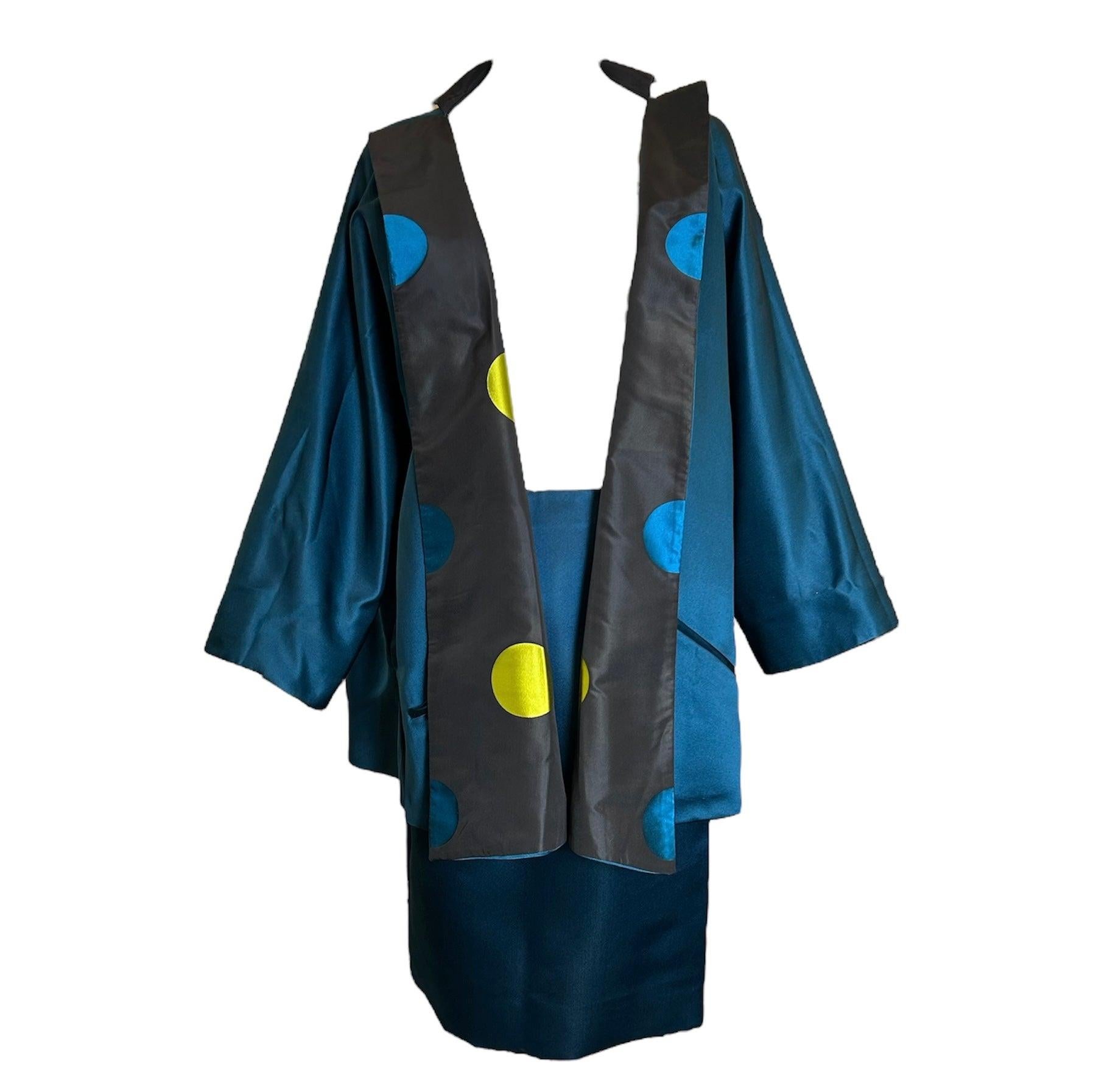 Extravagant, playful and classy- Geoffrey Beene always adds a twist to his designs. Lifetime Beene, collectible and did we mention, reversible? The oversized swing evening jacket is bold and endearing with its silk taffeta with yellow and blue polka