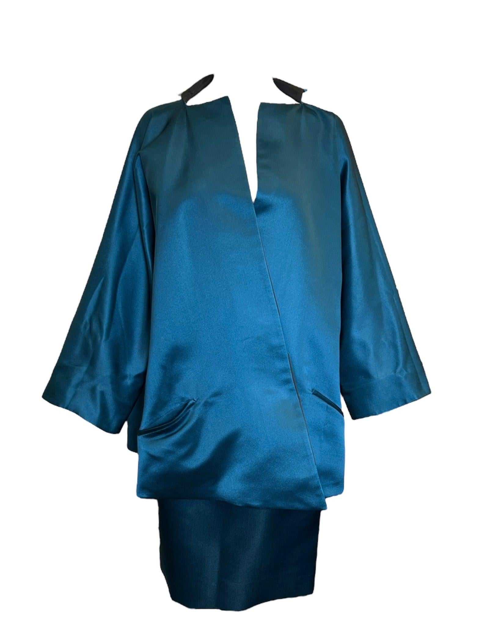 Black Geoffrey Beene Reversible Evening Coat + Skirt Ensemble, 1980s For Sale