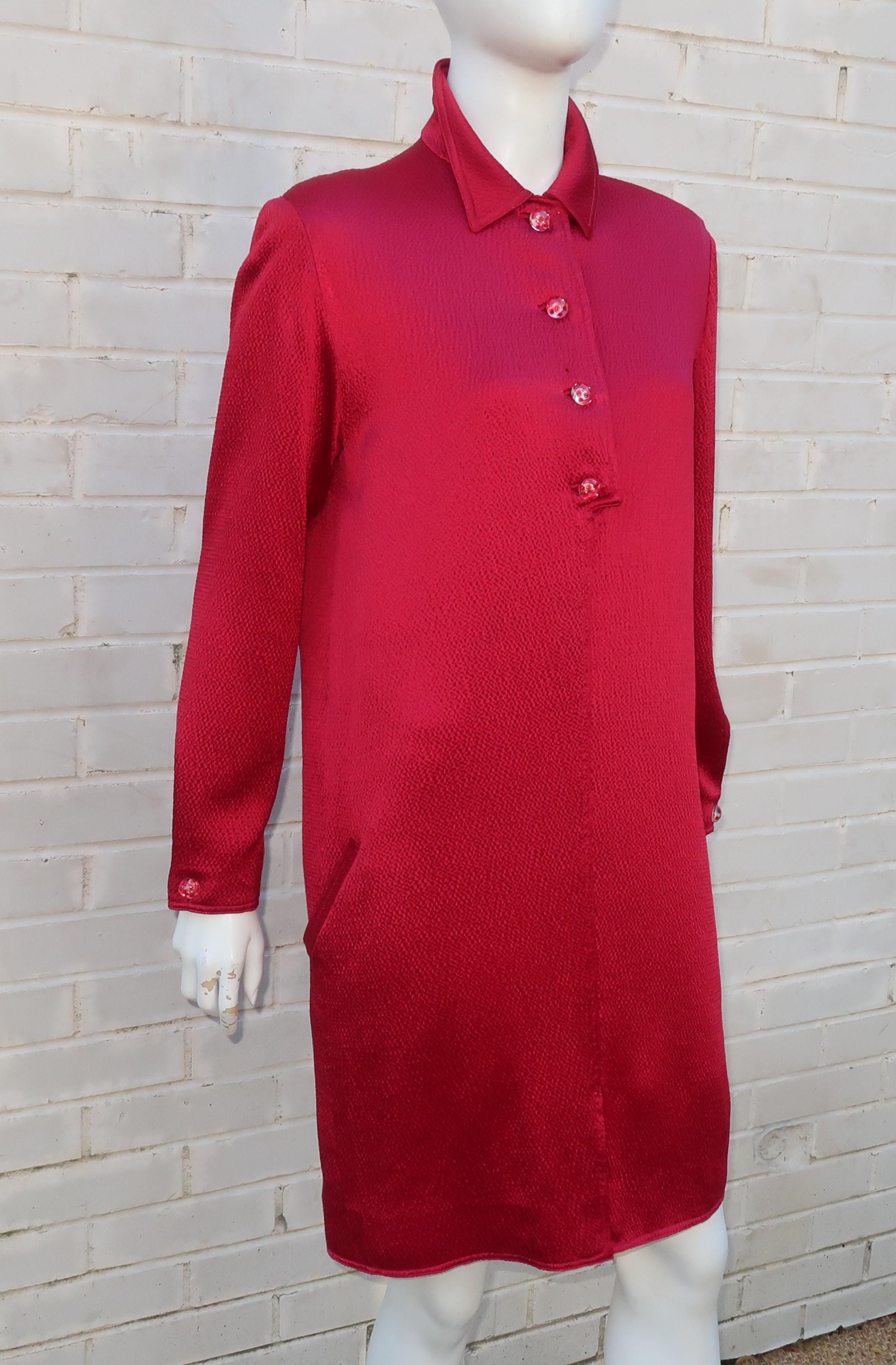Geoffrey Beene Ruby Red Satin Shirt Dress With Lucite Buttons, 1980's 6