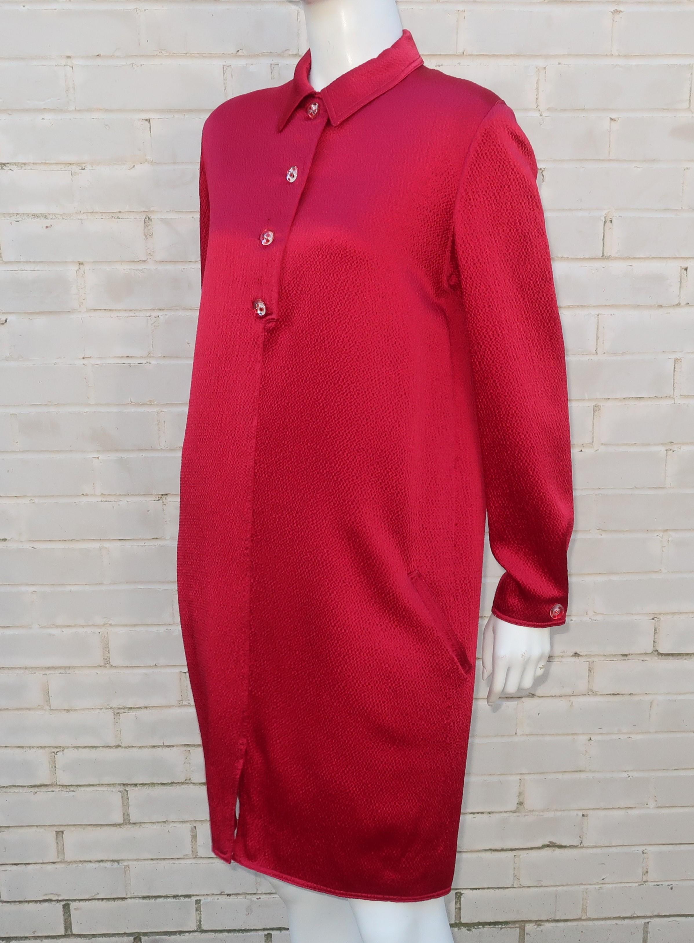 Geoffrey Beene Ruby Red Satin Shirt Dress With Lucite Buttons, 1980's 7