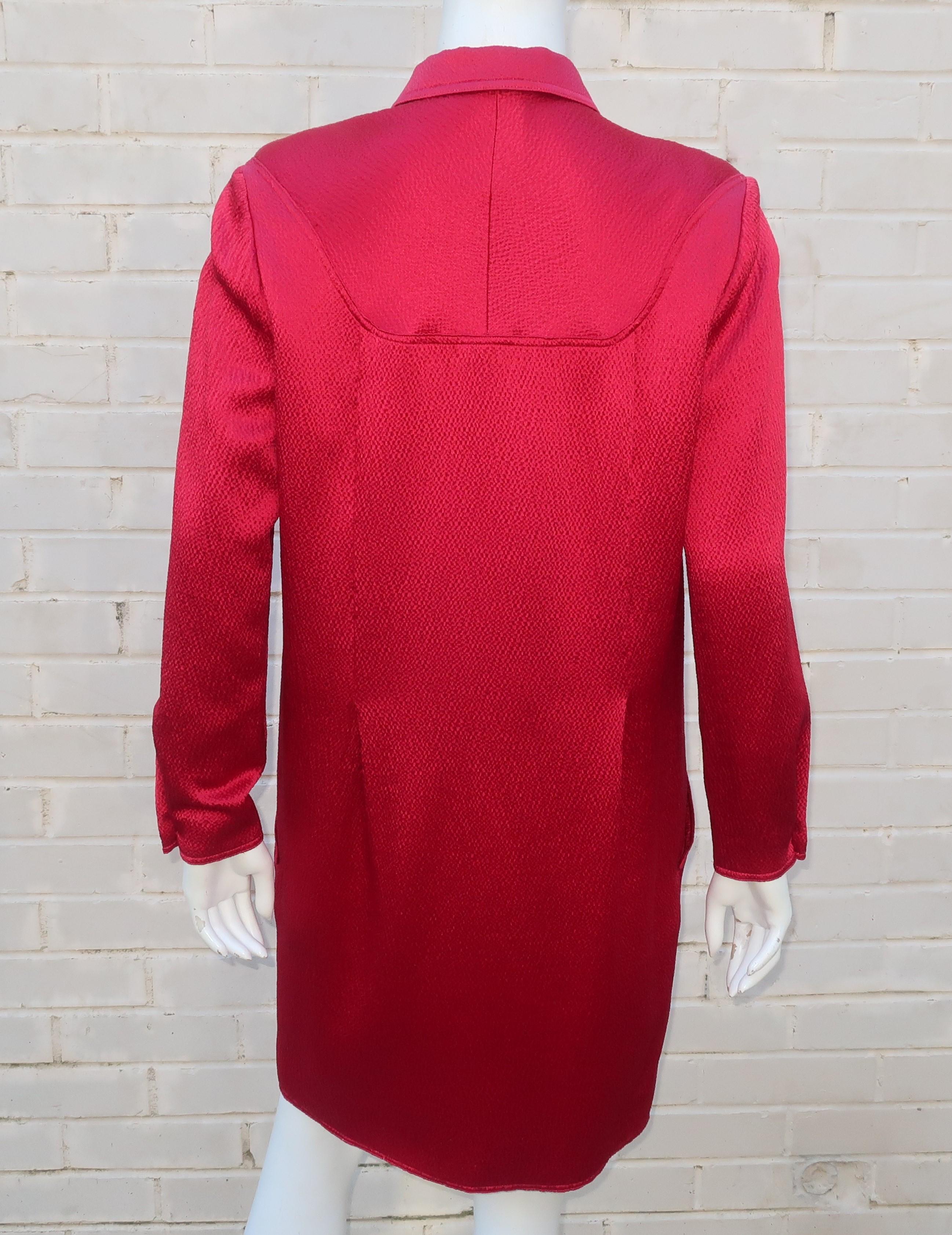 Geoffrey Beene Ruby Red Satin Shirt Dress With Lucite Buttons, 1980's 8