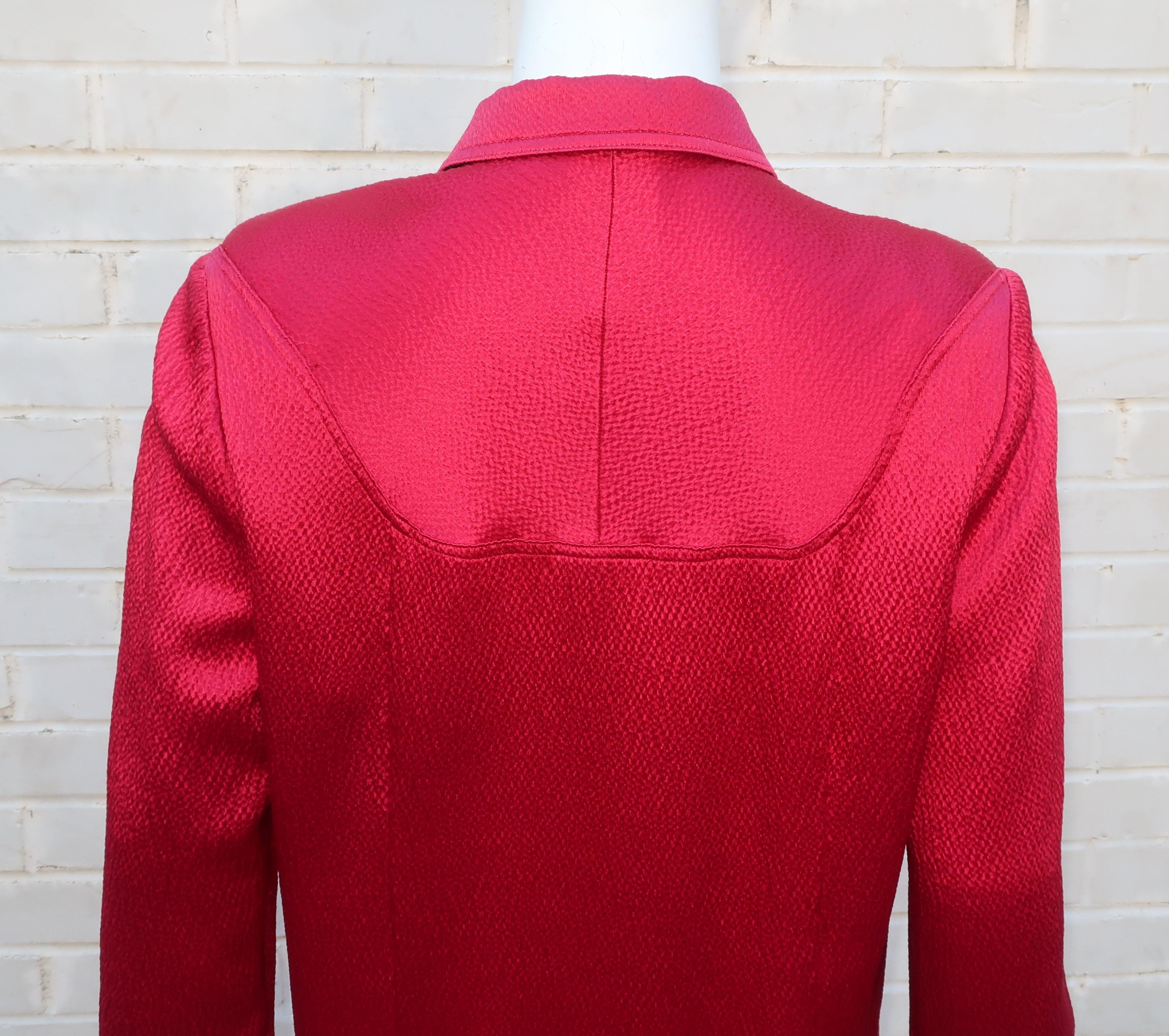 Geoffrey Beene Ruby Red Satin Shirt Dress With Lucite Buttons, 1980's 9