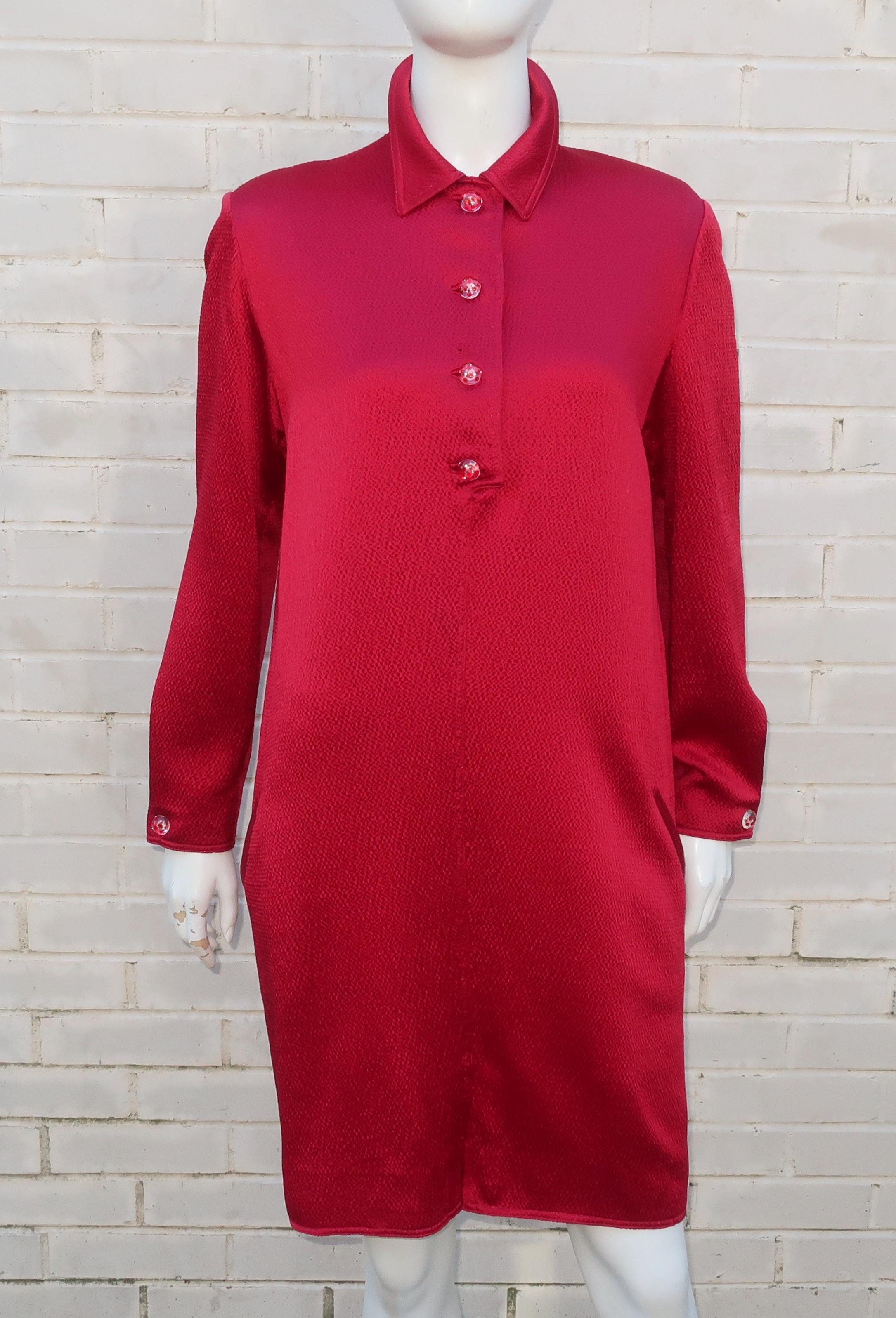 Women's Geoffrey Beene Ruby Red Satin Shirt Dress With Lucite Buttons, 1980's