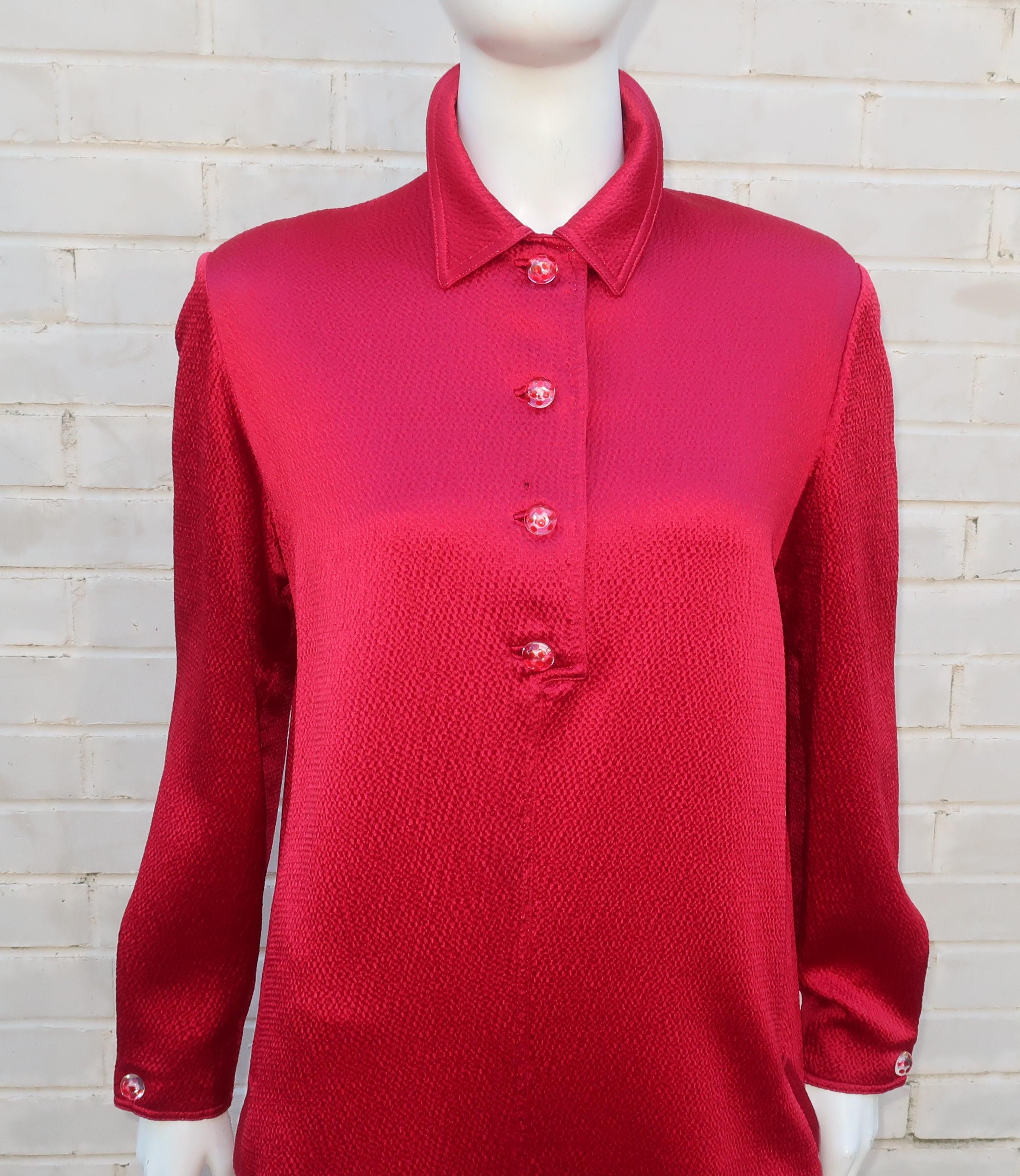 Geoffrey Beene Ruby Red Satin Shirt Dress With Lucite Buttons, 1980's 1