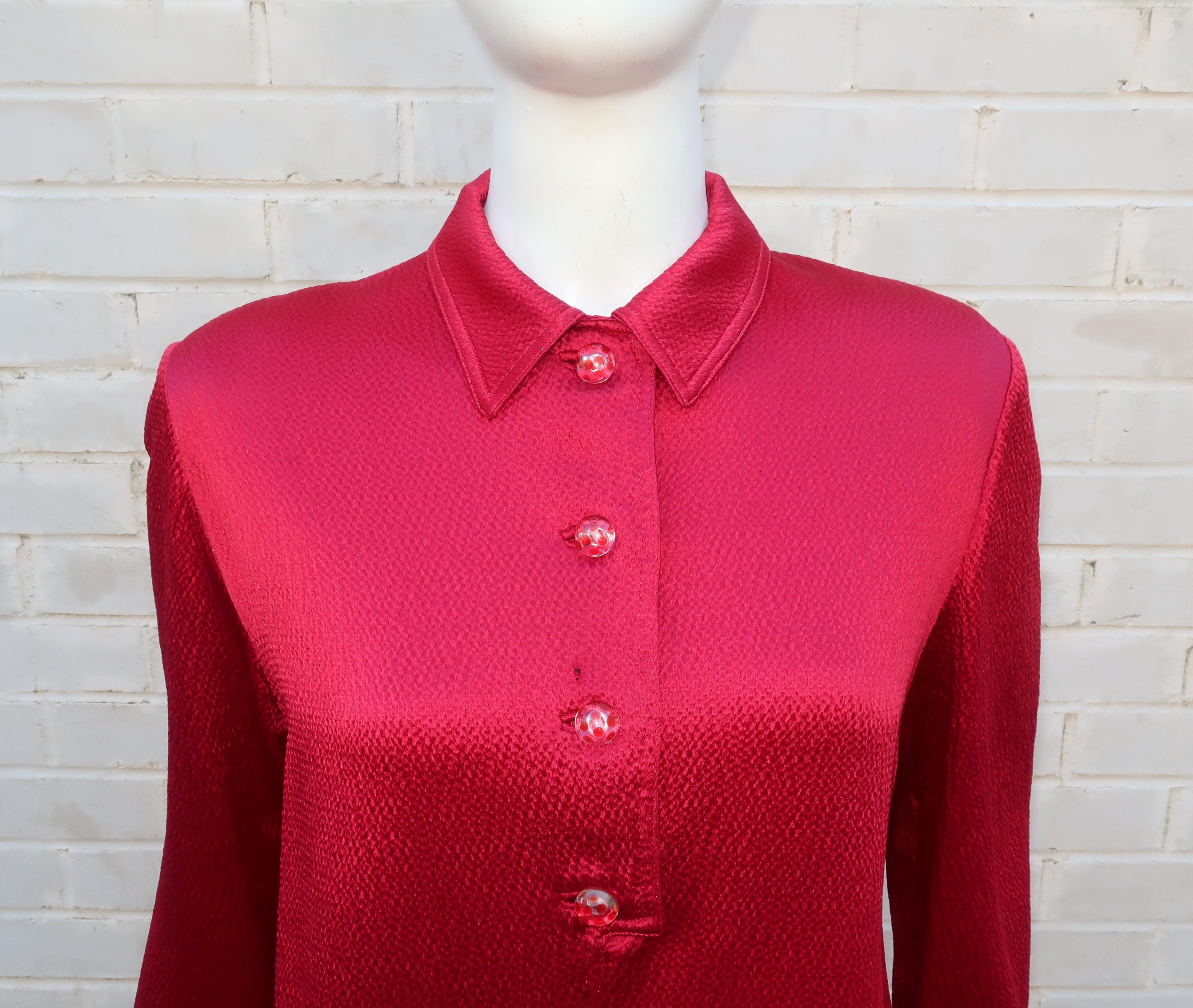 Geoffrey Beene Ruby Red Satin Shirt Dress With Lucite Buttons, 1980's 2
