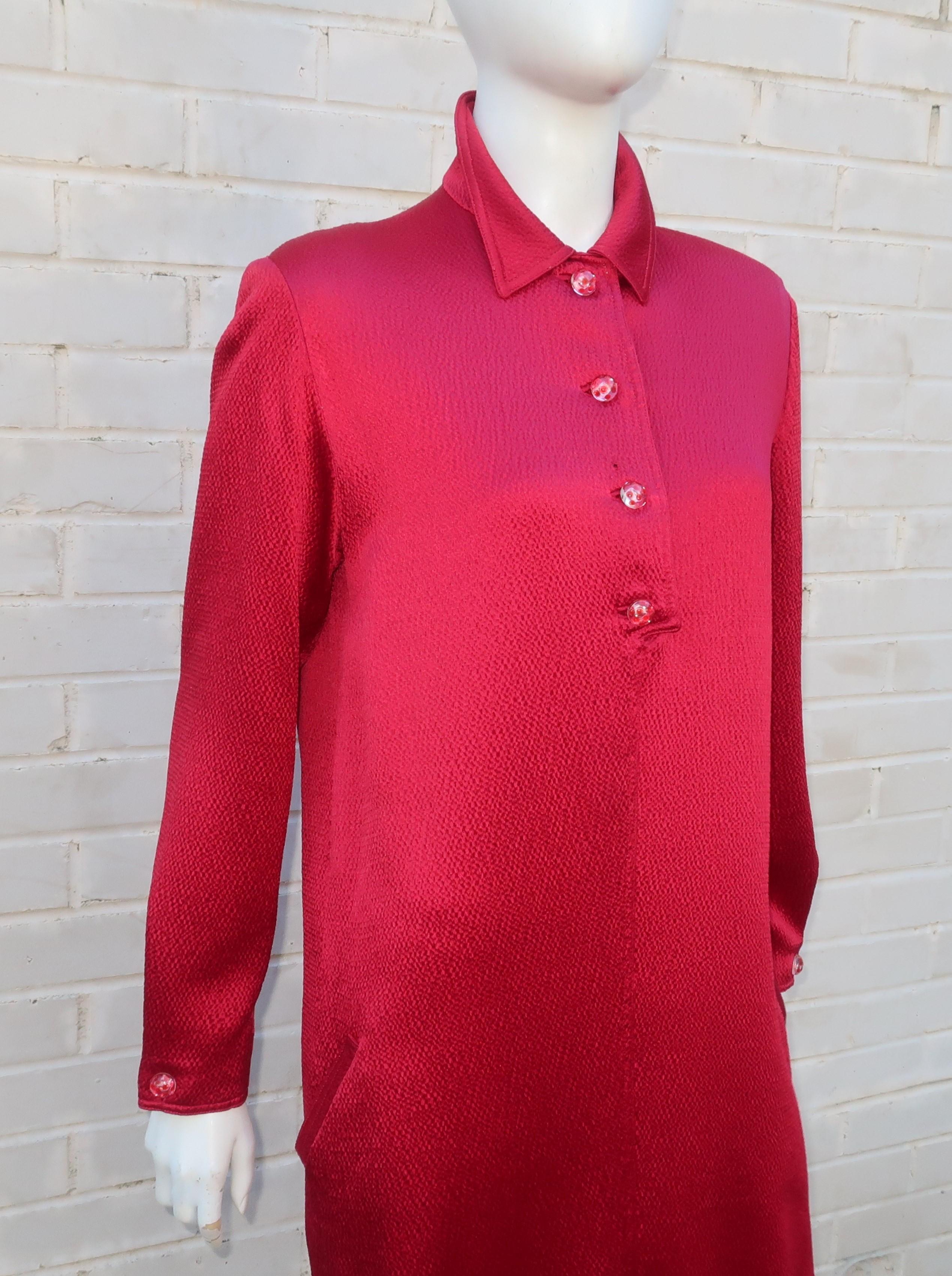 Geoffrey Beene Ruby Red Satin Shirt Dress With Lucite Buttons, 1980's 5