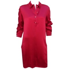 Geoffrey Beene Ruby Red Satin Shirt Dress With Lucite Buttons, 1980's