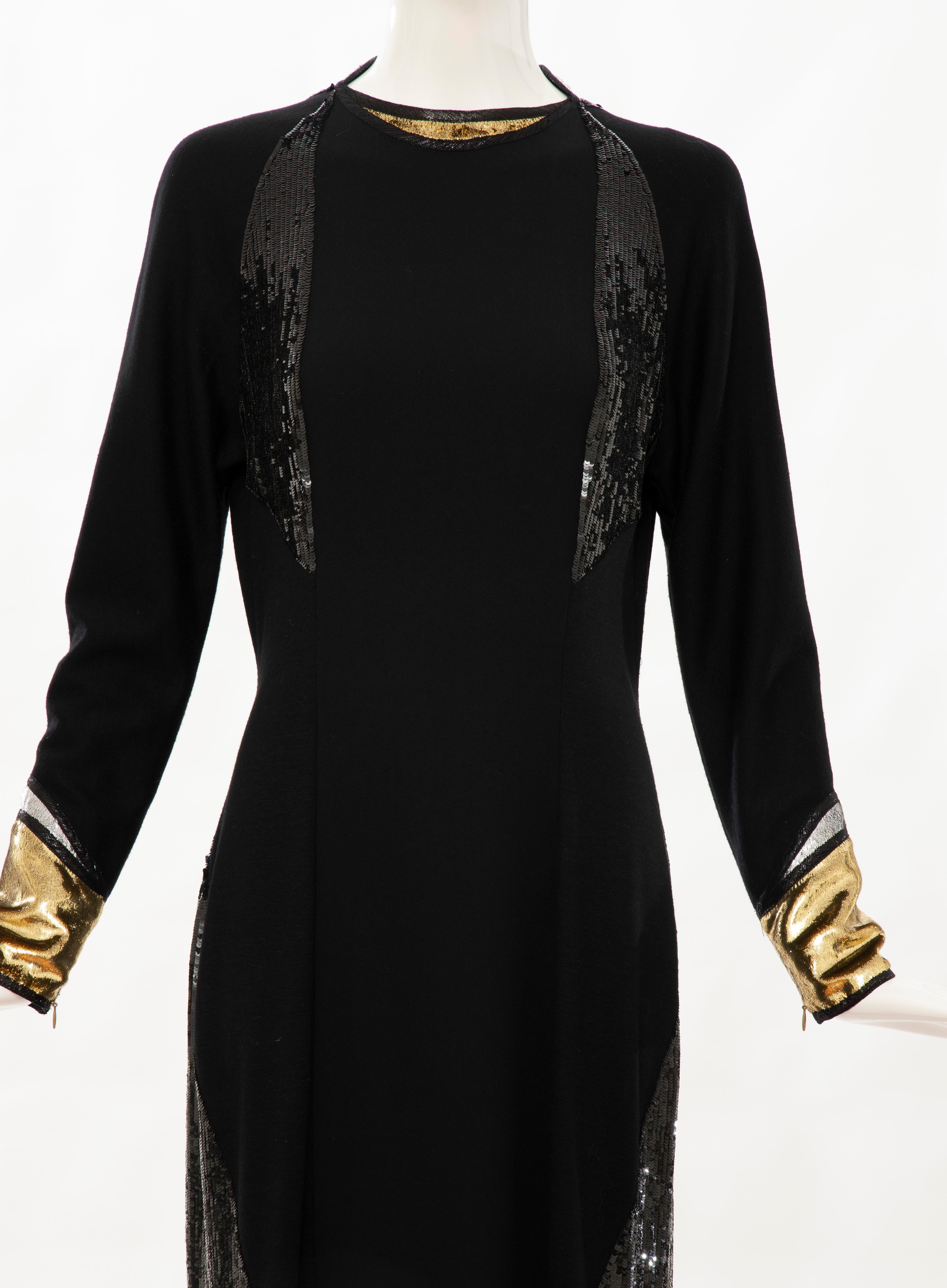 Geoffrey Beene Runway Fall 1992, black silk crepe & wool jersey evening dress with black embroidered sequins, gold and black silk metallic zip cuffs and neckline, front slit, back zip and hook-and-eye closure and lined in silk chiffon.

US. 8

Bust: