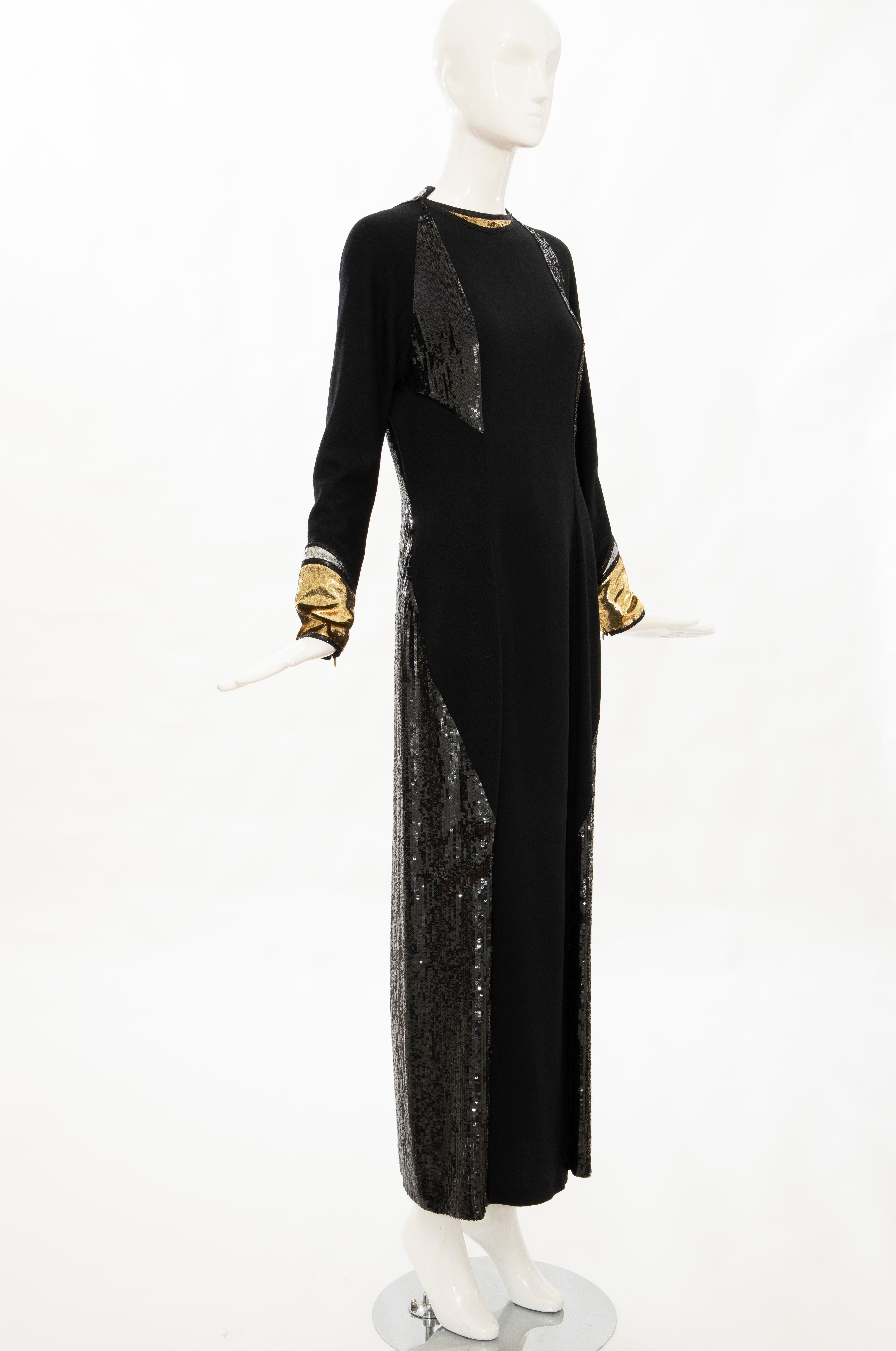 Geoffrey Beene Runway Black Wool Silk Embroidered Sequin Evening Dress, Fall 1992 In Excellent Condition For Sale In Cincinnati, OH