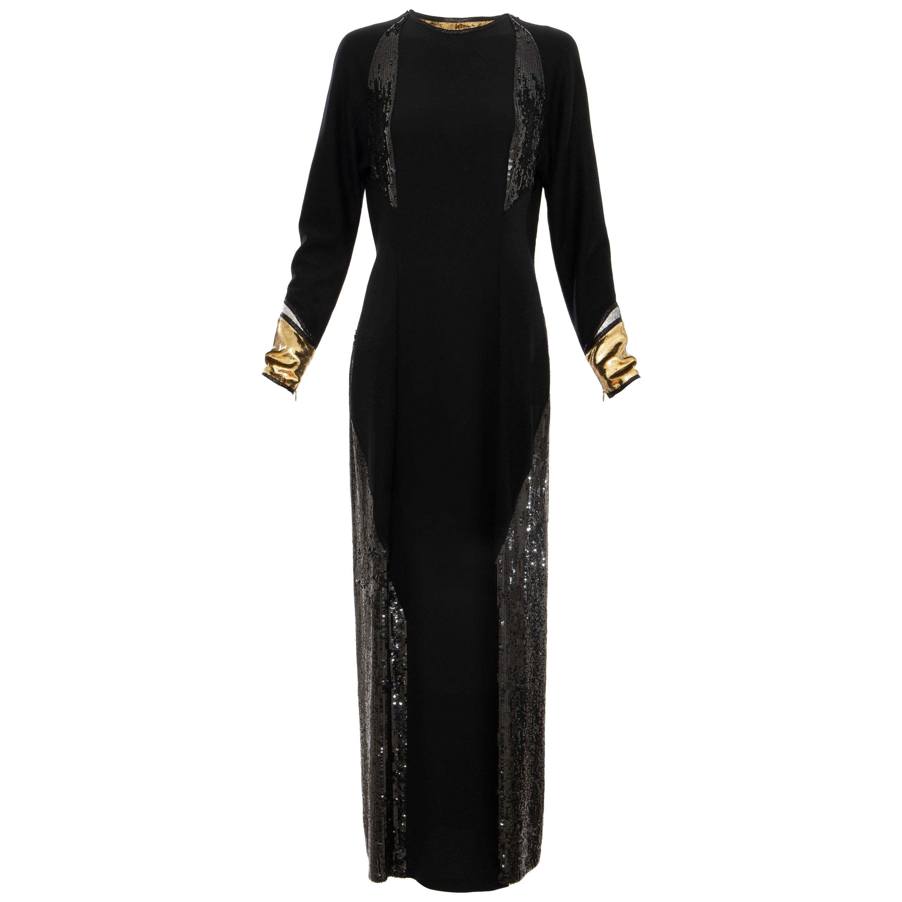 Geoffrey Beene Runway Black Wool Silk Embroidered Sequin Evening Dress, Fall 1992 For Sale