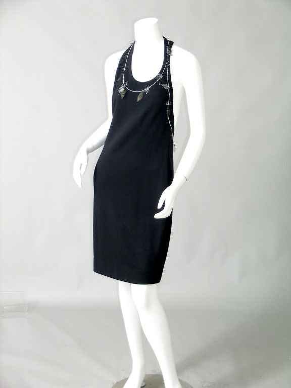 Geoffrey Beene Sexy Black Knit Dress with Beadwork and Mesh Leaf Decoration In Excellent Condition In New Hope, PA