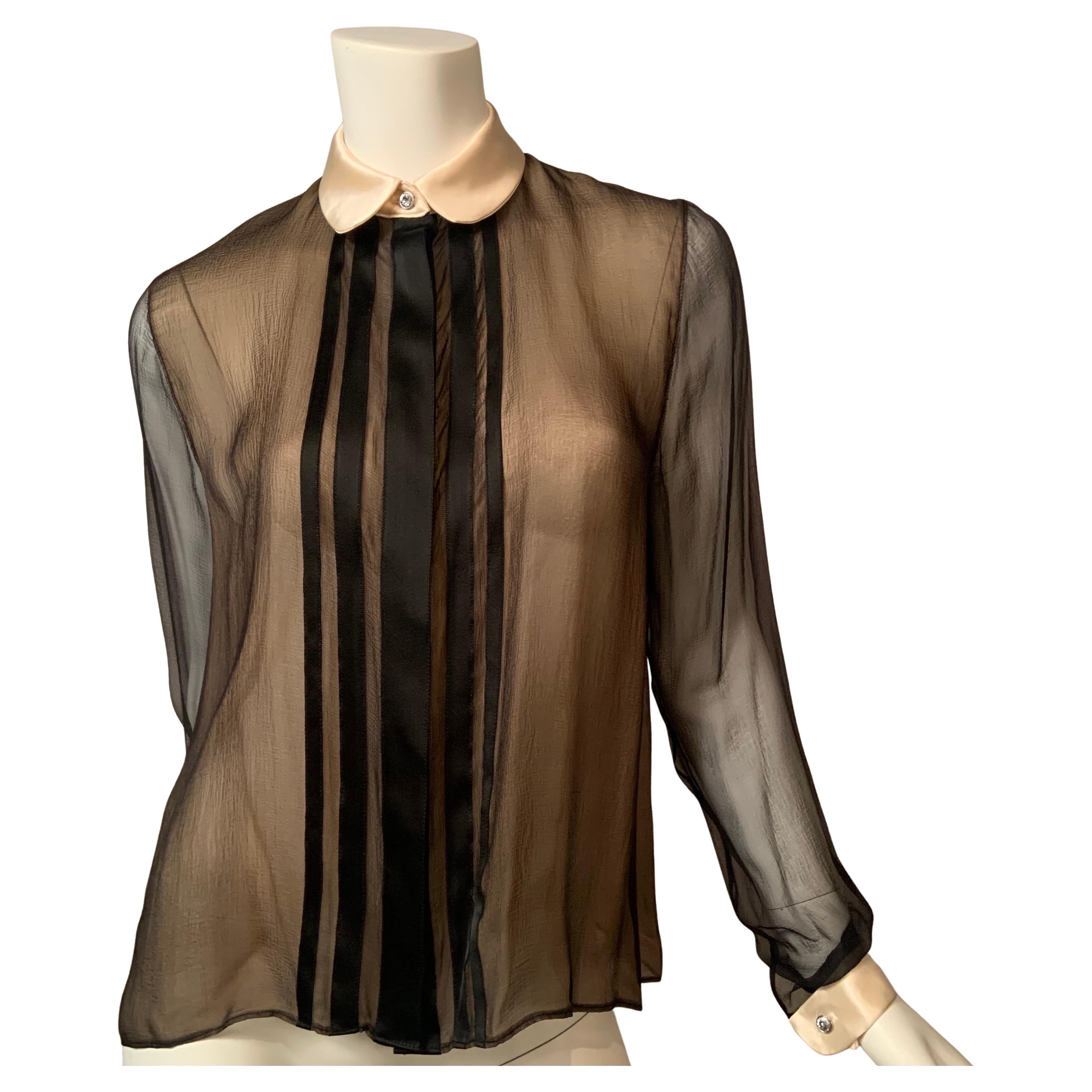 Geoffrey Beene camicetta in chiffon di seta nera trasparente con colletto e polsini in raso color crema in vendita