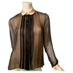 Geoffrey Beene Sheer Black Silk Chiffon Blouse Cream Satin Collar and Cuffs