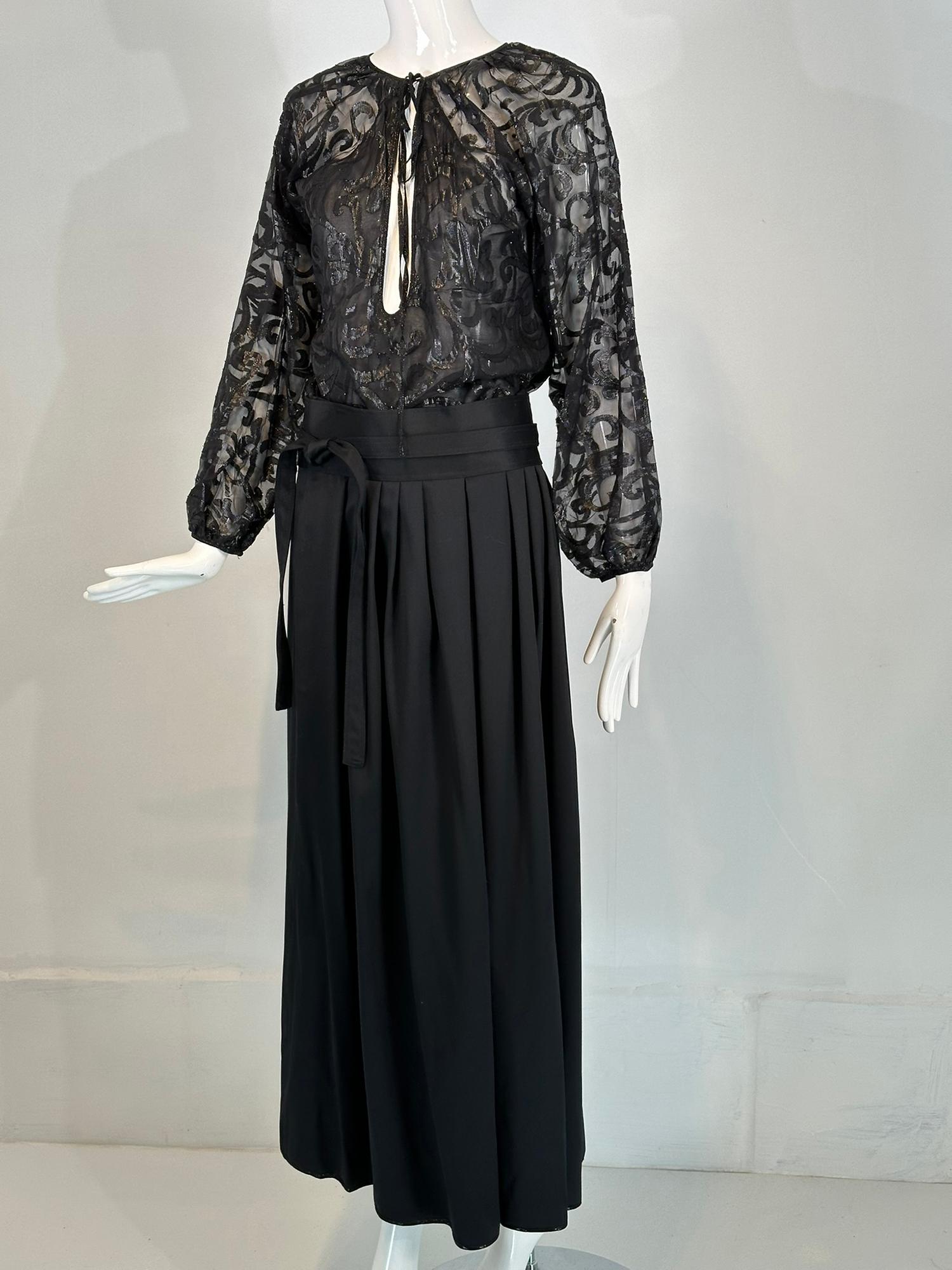 Geoffrey Beene Sheer Black Silk Tie Neck Blouse/High Waist Silk Maxi Skirt Set For Sale 6