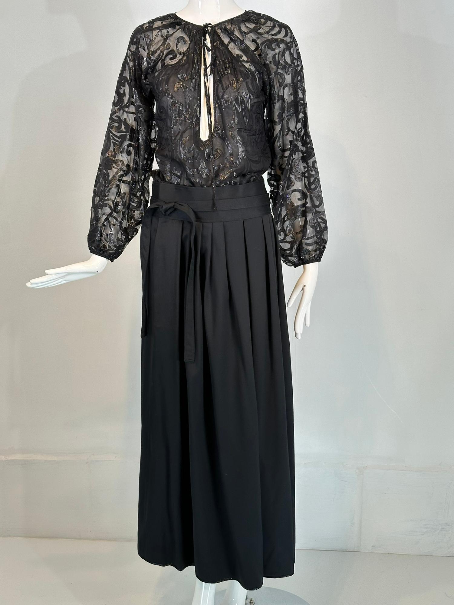 Geoffrey Beene Sheer Black Silk Tie Neck Blouse/High Waist Silk Maxi Skirt Set For Sale 7
