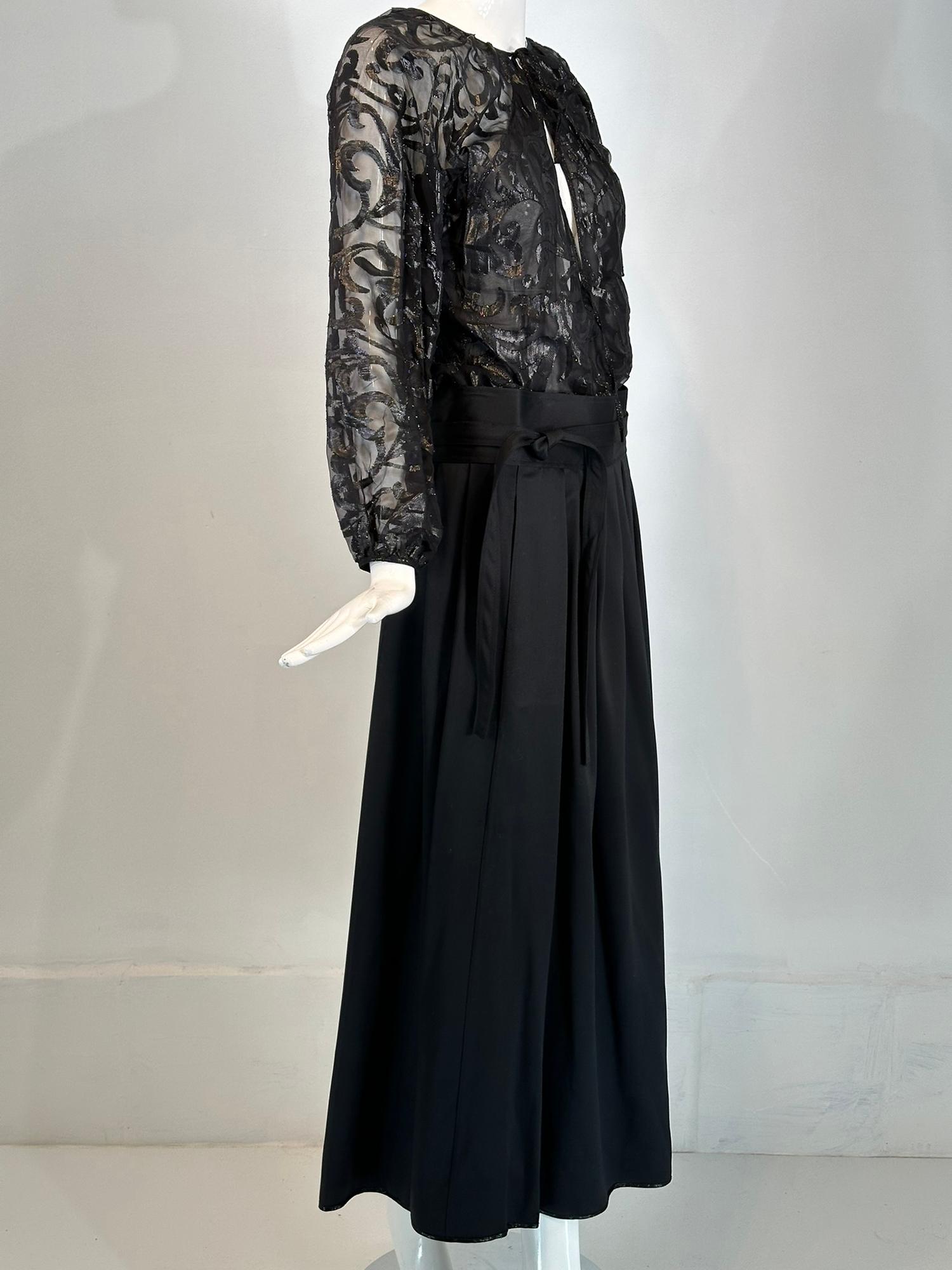 Geoffrey Beene Sheer Black Silk Tie Neck Blouse/High Waist Silk Maxi Skirt Set In Good Condition For Sale In West Palm Beach, FL