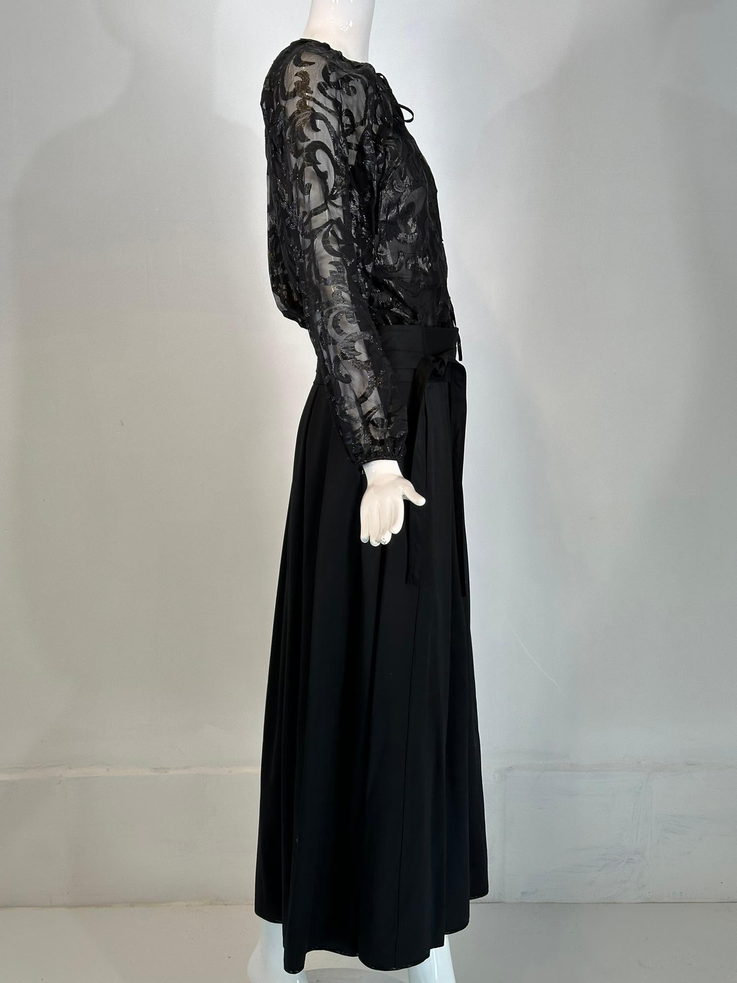 Women's Geoffrey Beene Sheer Black Silk Tie Neck Blouse/High Waist Silk Maxi Skirt Set For Sale