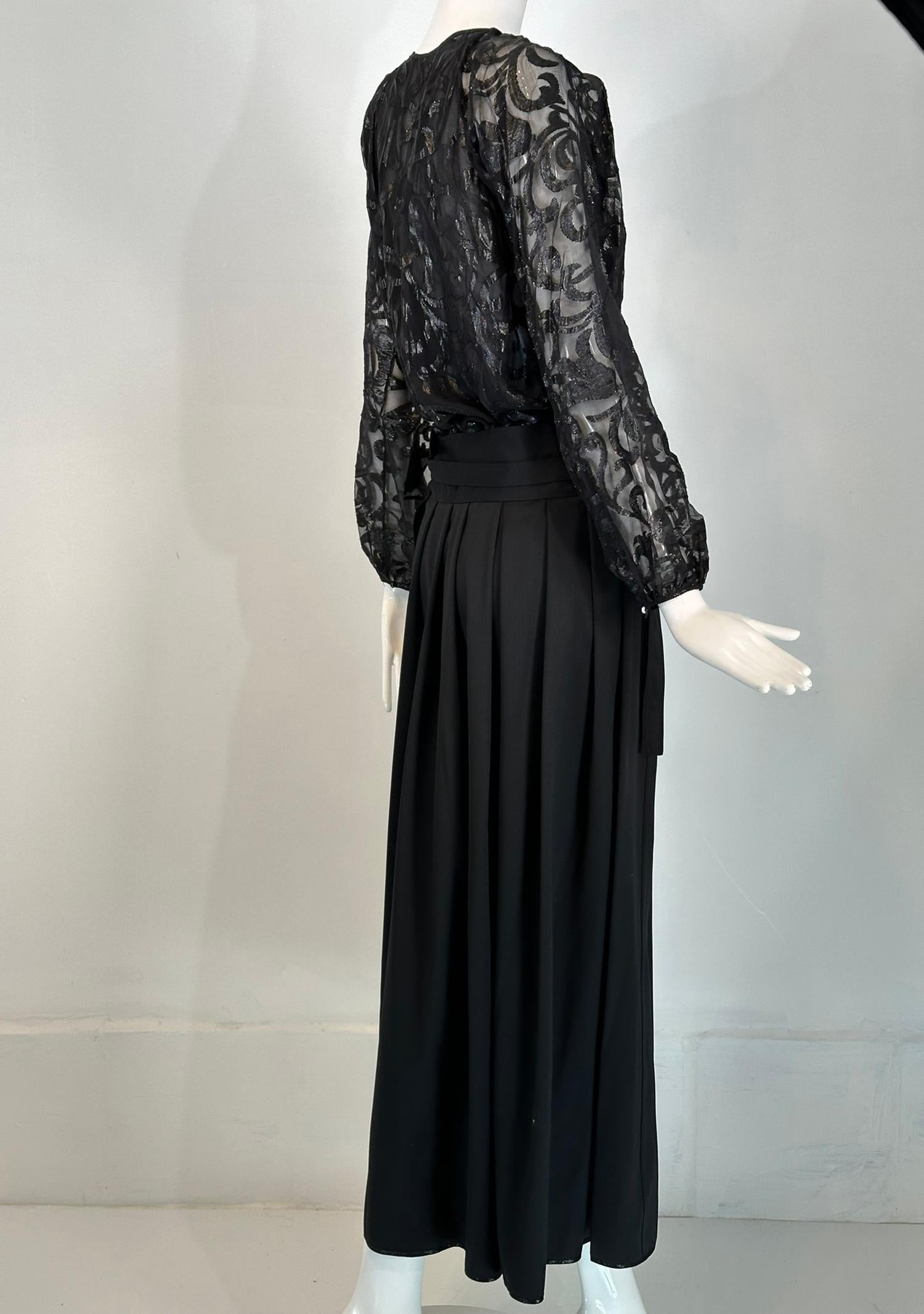 Geoffrey Beene Sheer Black Silk Tie Neck Blouse/High Waist Silk Maxi Skirt Set For Sale 1