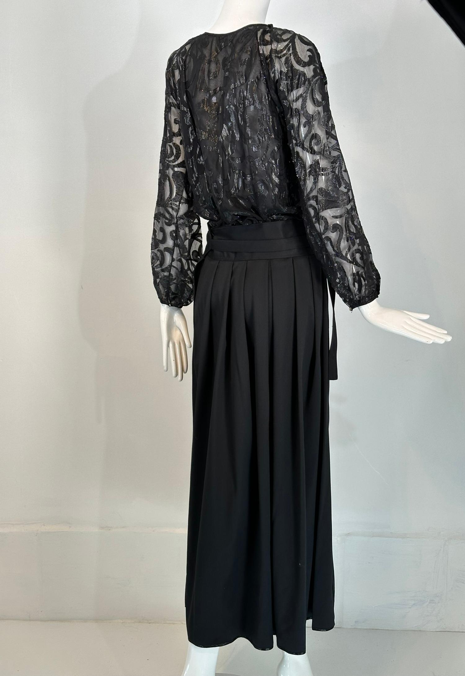 Geoffrey Beene Sheer Black Silk Tie Neck Blouse/High Waist Silk Maxi Skirt Set For Sale 2