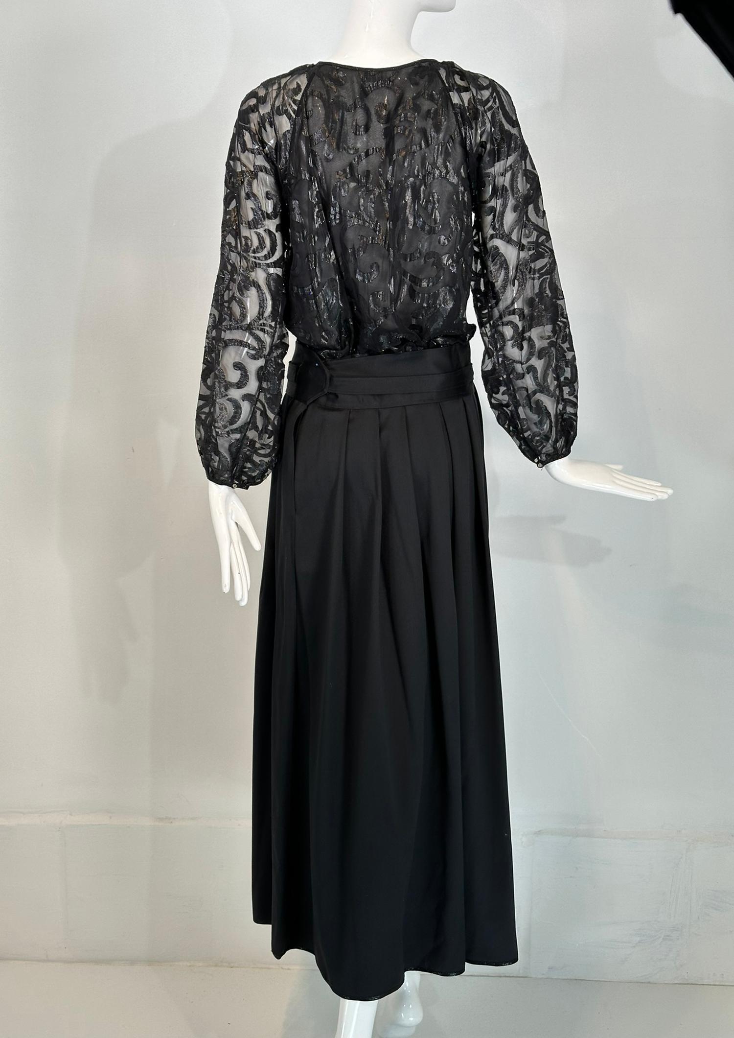 Geoffrey Beene Sheer Black Silk Tie Neck Blouse/High Waist Silk Maxi Skirt Set For Sale 3