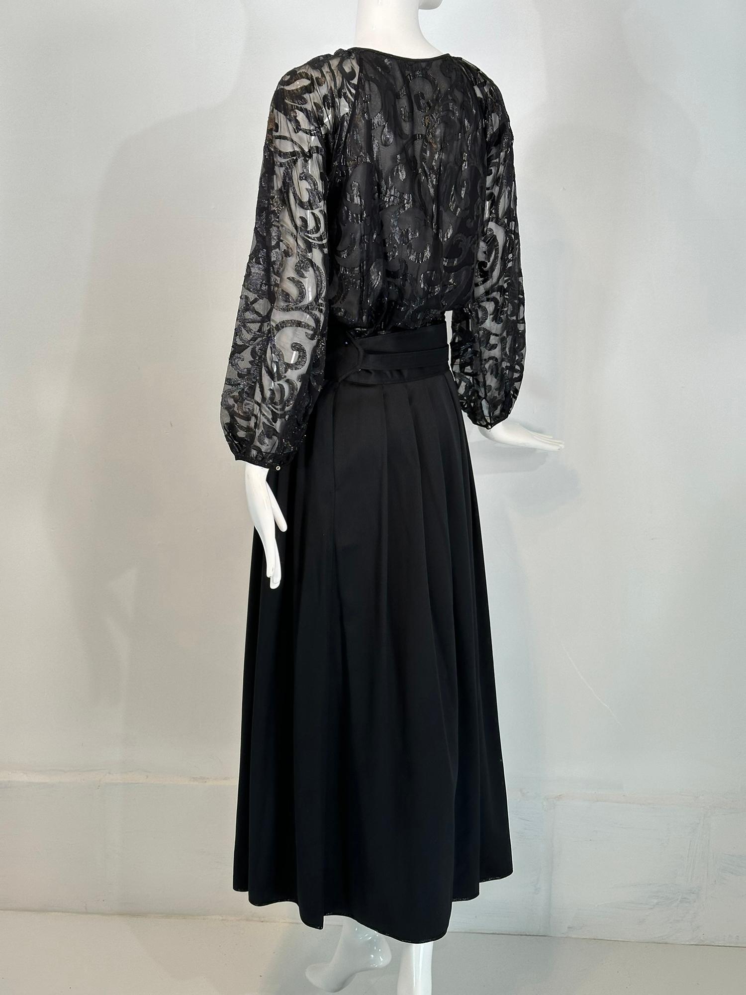 Geoffrey Beene Sheer Black Silk Tie Neck Blouse/High Waist Silk Maxi Skirt Set For Sale 4