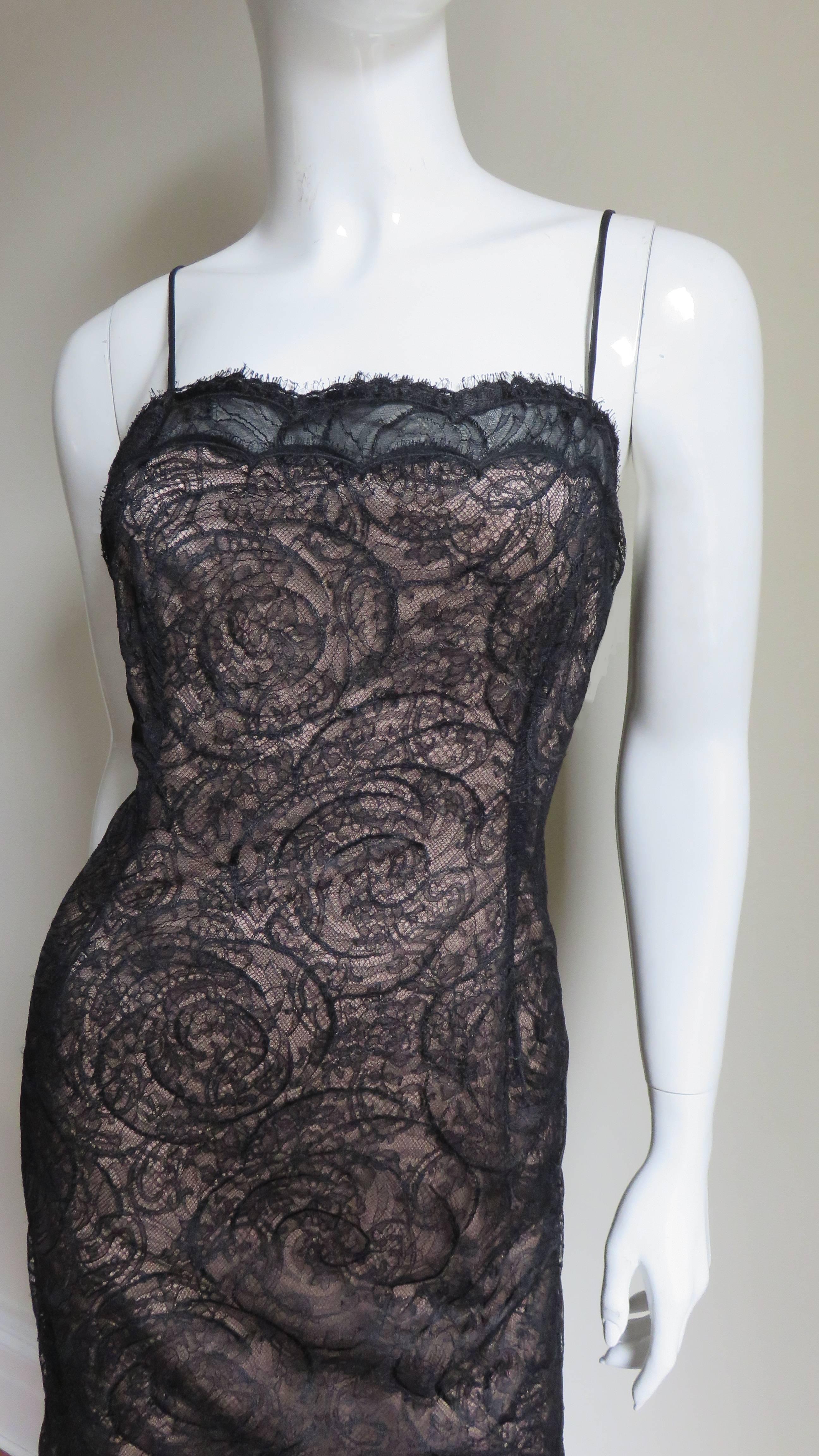 Black Geoffrey Beene Silk Lace Slip Dress with Sheer Back 1980s For Sale