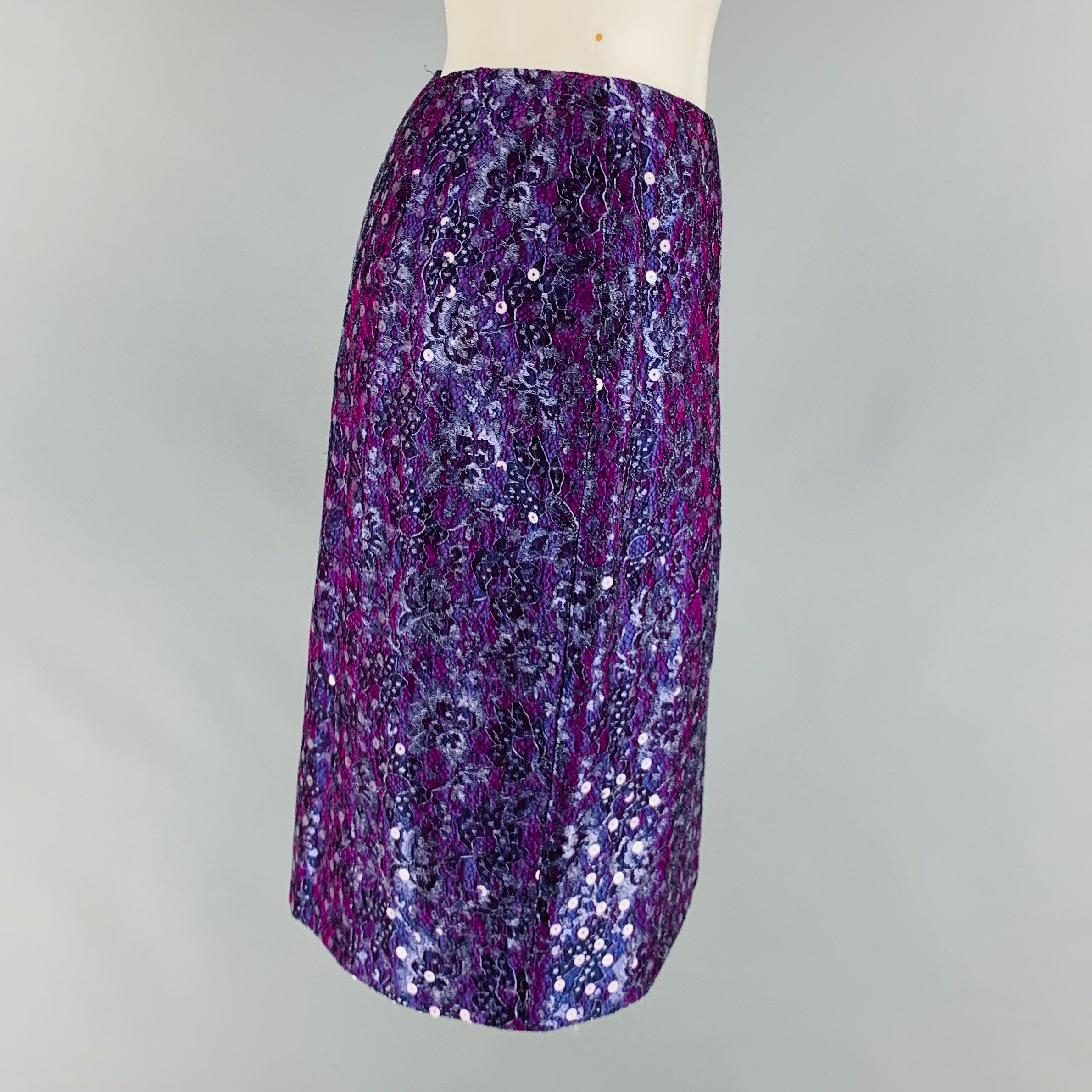 GEOFFREY BEENE Size 6 Purple Silver Lace Below Knee Skirt In Good Condition For Sale In San Francisco, CA