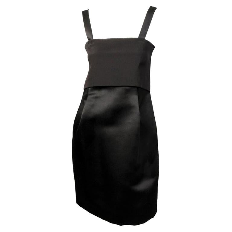 Geoffrey Beene Sleek Black Silk Cocktail Dress with Peek a Boo Cream Satin Panel For Sale