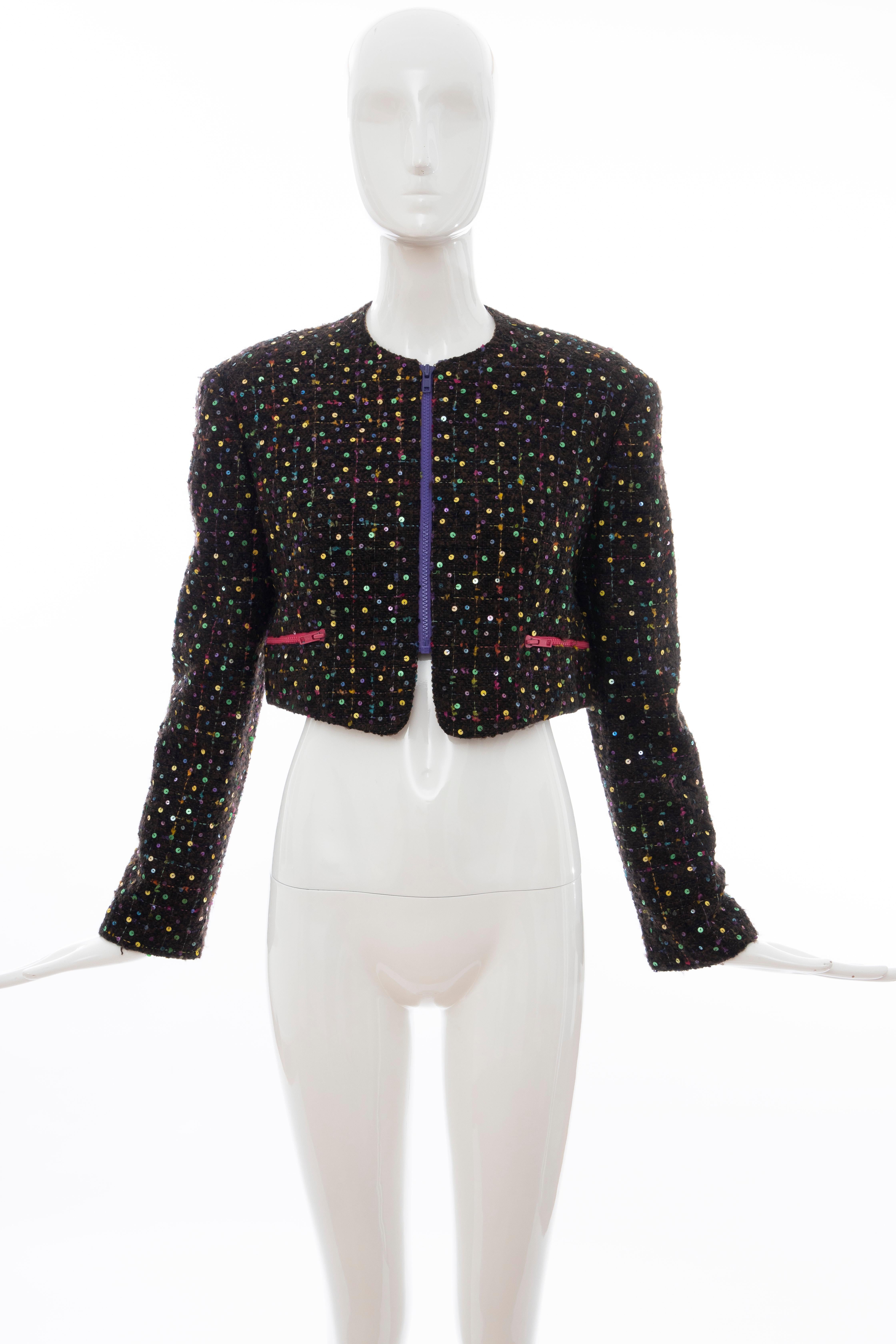 Geoffrey Beene, Spring 1989 tweed zip front long sleeve polychrome sequined bolero jacket, dual front pockets with hot pink zipper closure and silk yellow with black polka-dots lining, fully lined with silk lavender and black polka-dots.

No Size