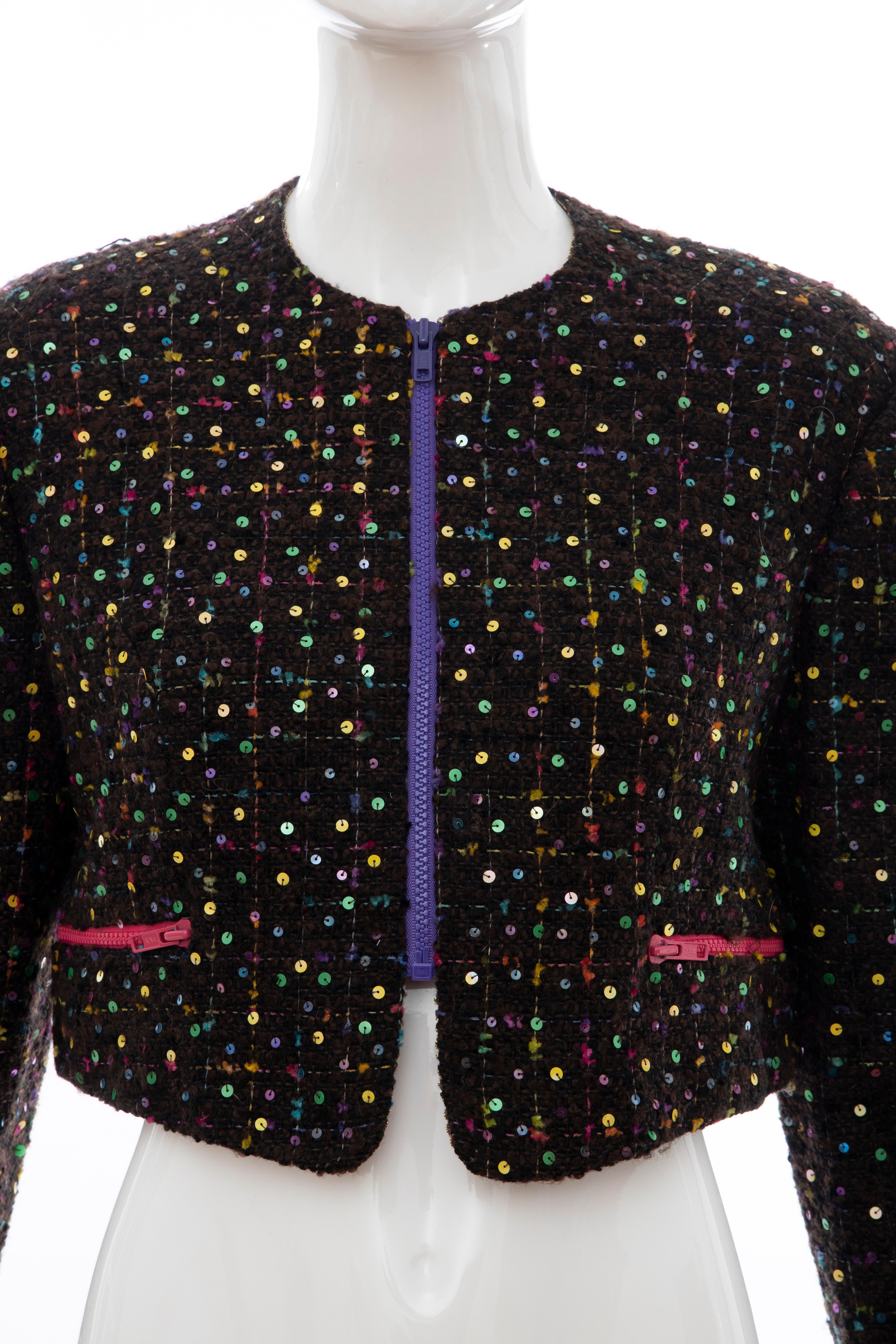 Black Geoffrey Beene Tweed Polychrome Sequined Bolero Jacket, Spring 1989 For Sale