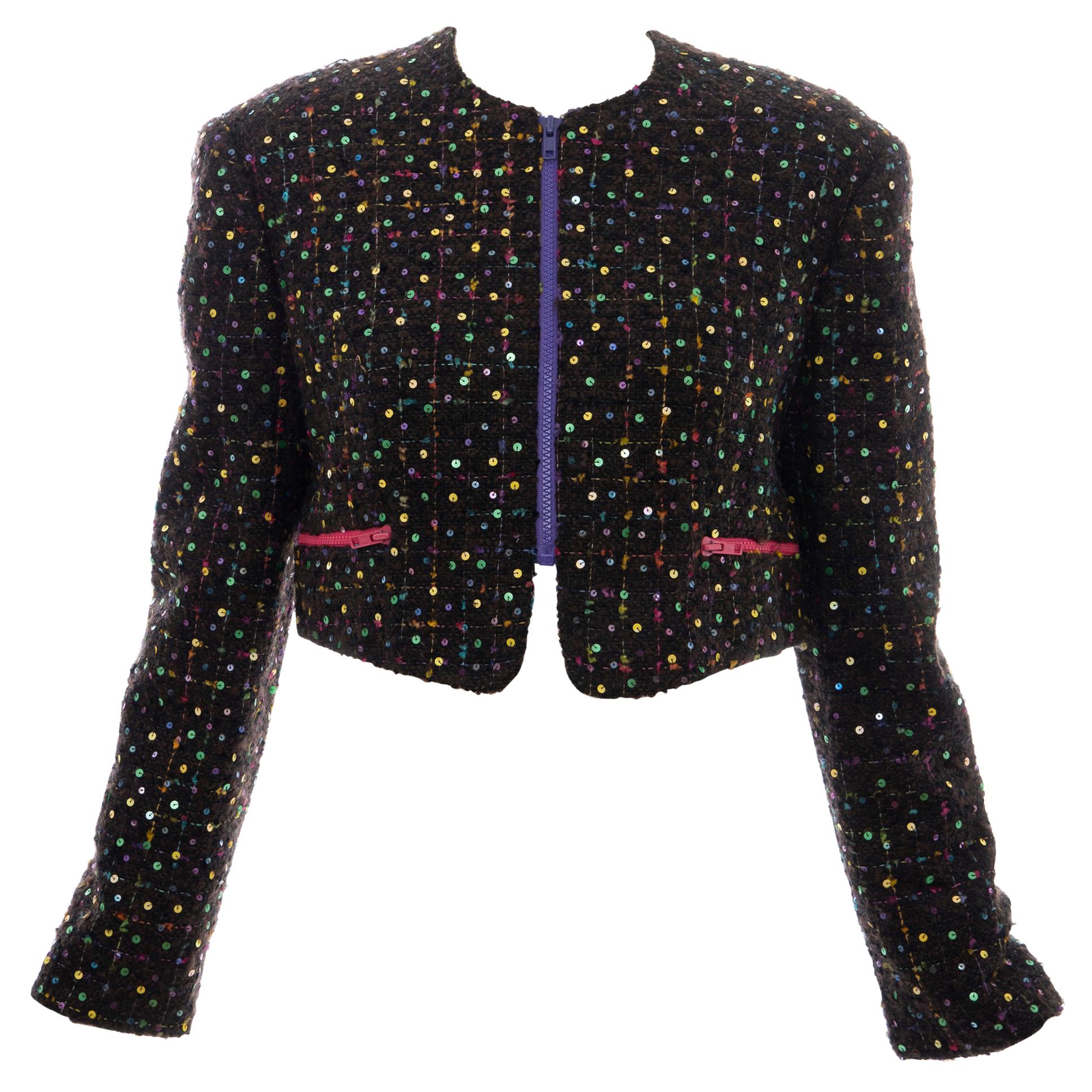 Geoffrey Beene Tweed Polychrome Sequined Bolero Jacket, Spring 1989 For Sale