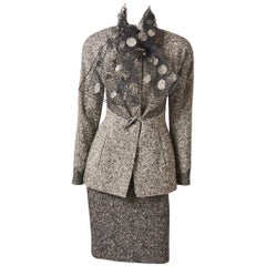 Vintage Geoffrey Beene Tweed Skirt Suit with Tulle Scarf