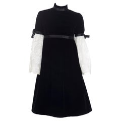 Geoffrey Beene Vintage 1960s Mod Black Velvet Dress With Lace Sleeves