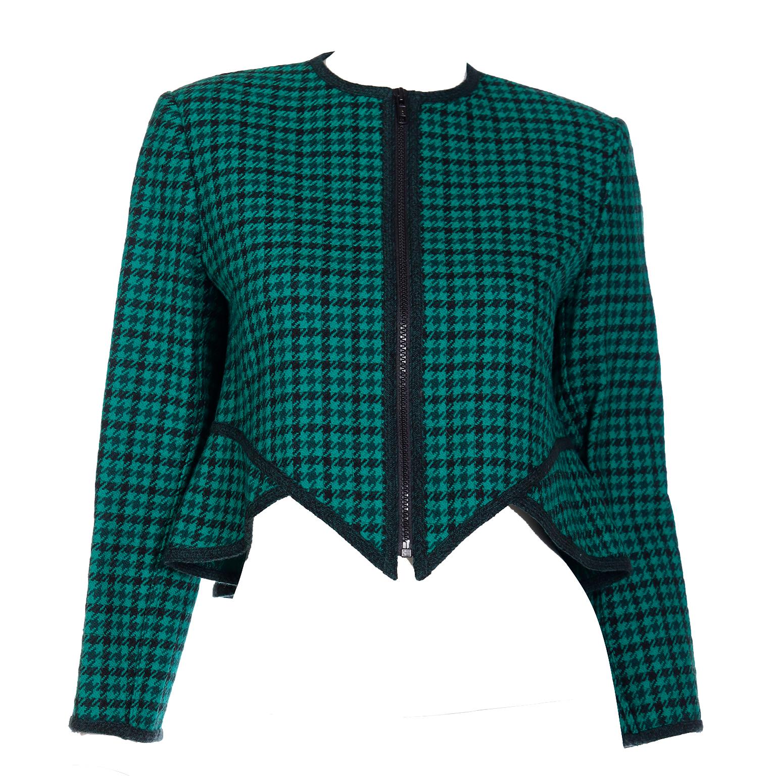 Geoffrey Beene Vintage 1980s Green Houndstooth Wool Cropped Jacket For Sale 7