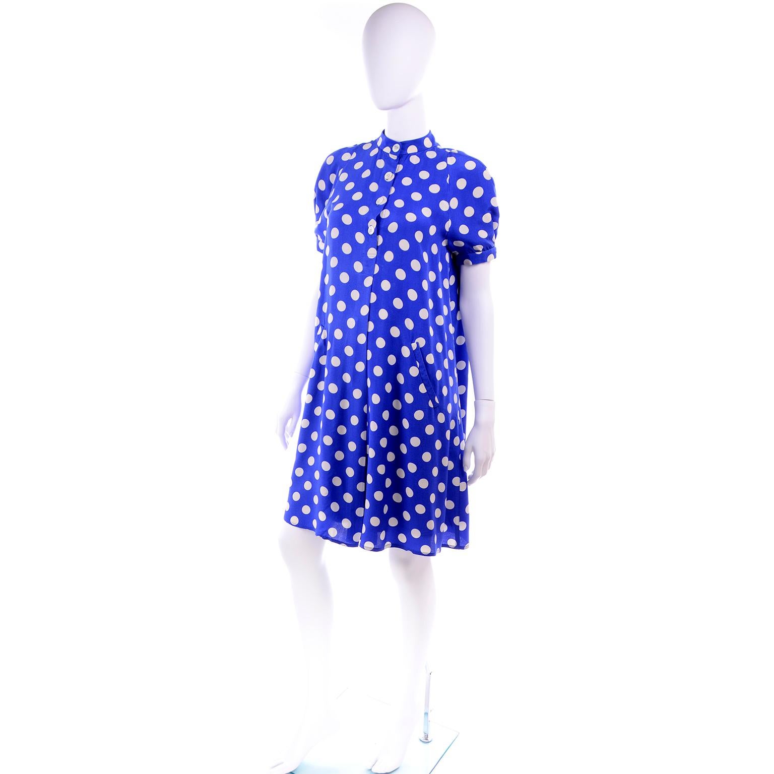 Purple Geoffrey Beene Vintage Blue and White Silk Polka Dot Tent Dress Size 6