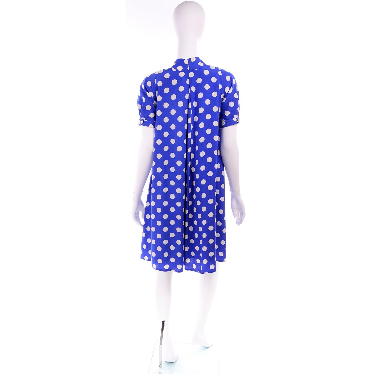 Women's Geoffrey Beene Vintage Blue and White Silk Polka Dot Tent Dress Size 6