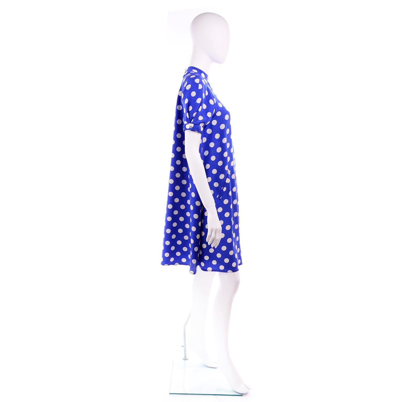 Geoffrey Beene Vintage Blue and White Silk Polka Dot Tent Dress Size 6 2