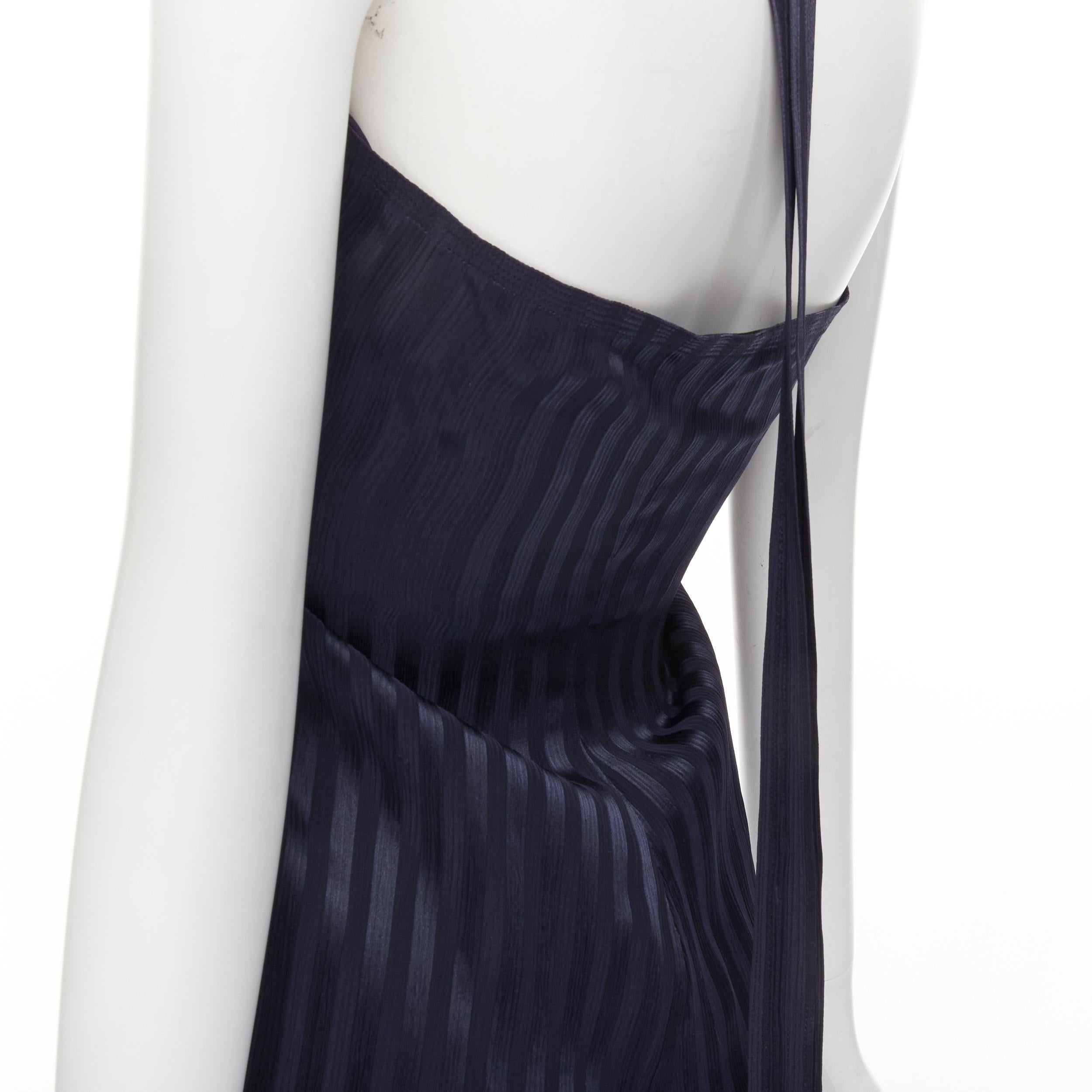 GEOFFREY BEENE Vintage blue striped plisse crystal button halter dress XS 5