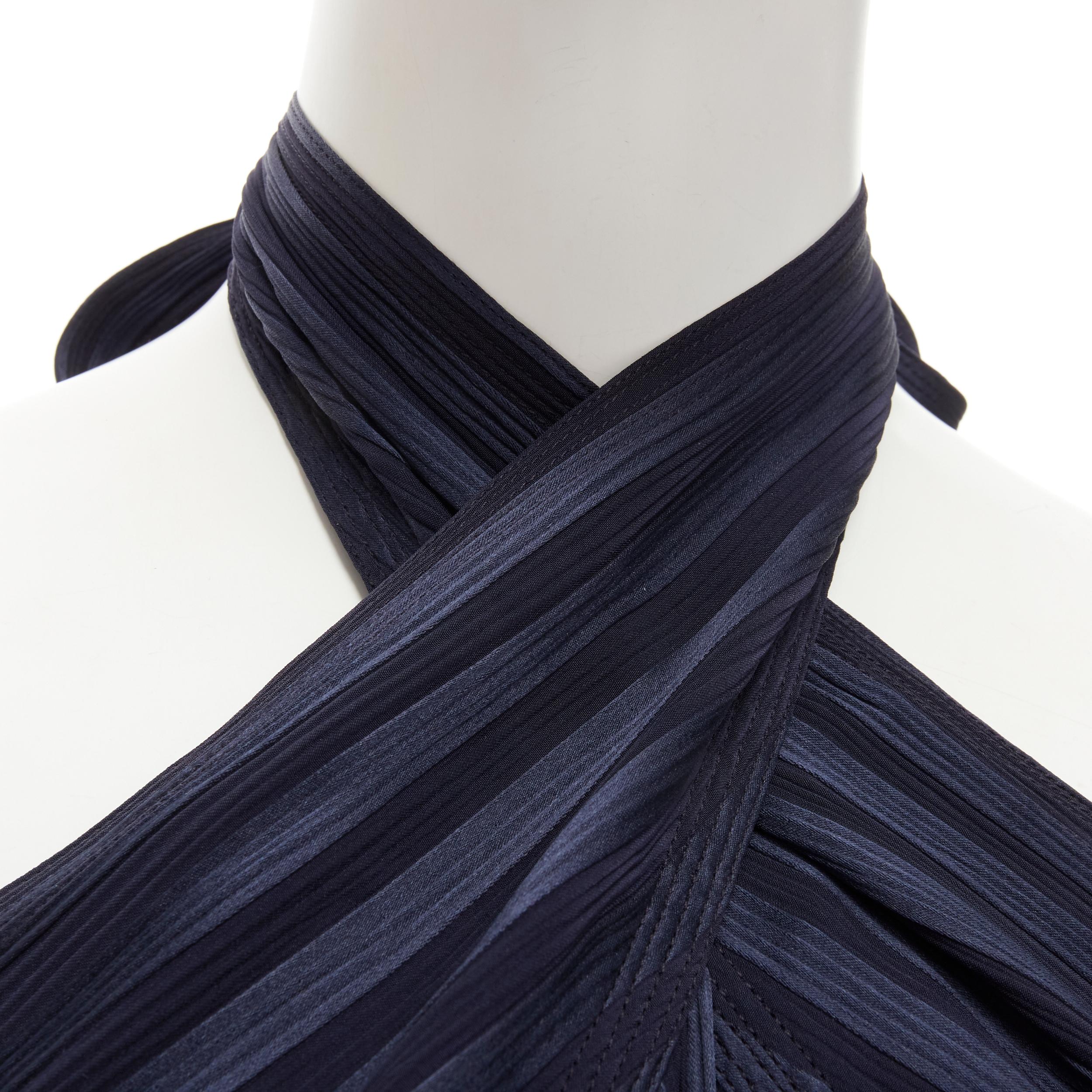 GEOFFREY BEENE Vintage blue striped plisse crystal button halter dress XS 2
