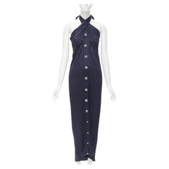 GEOFFREY BEENE Vintage blue striped plisse crystal button halter dress XS