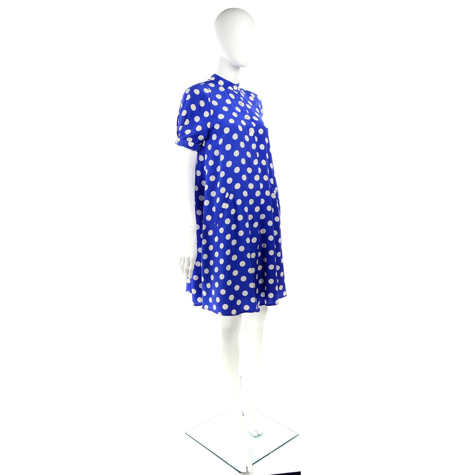 Geoffrey Beene Vintage Blue & White Silk Polka Dot Semi Tent Dress Size 6 1
