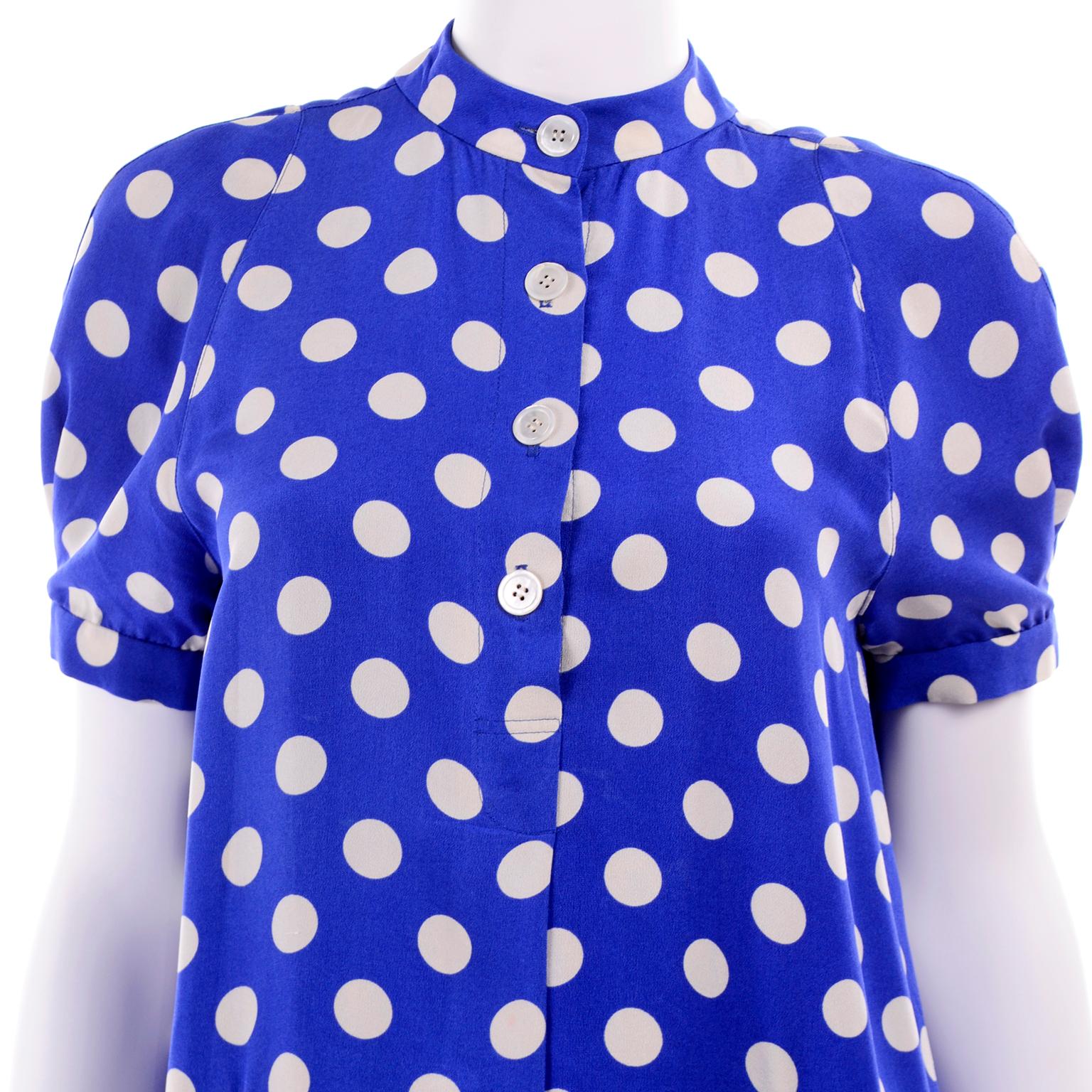 Geoffrey Beene Vintage Blue & White Silk Polka Dot Semi Tent Dress Size 6 4