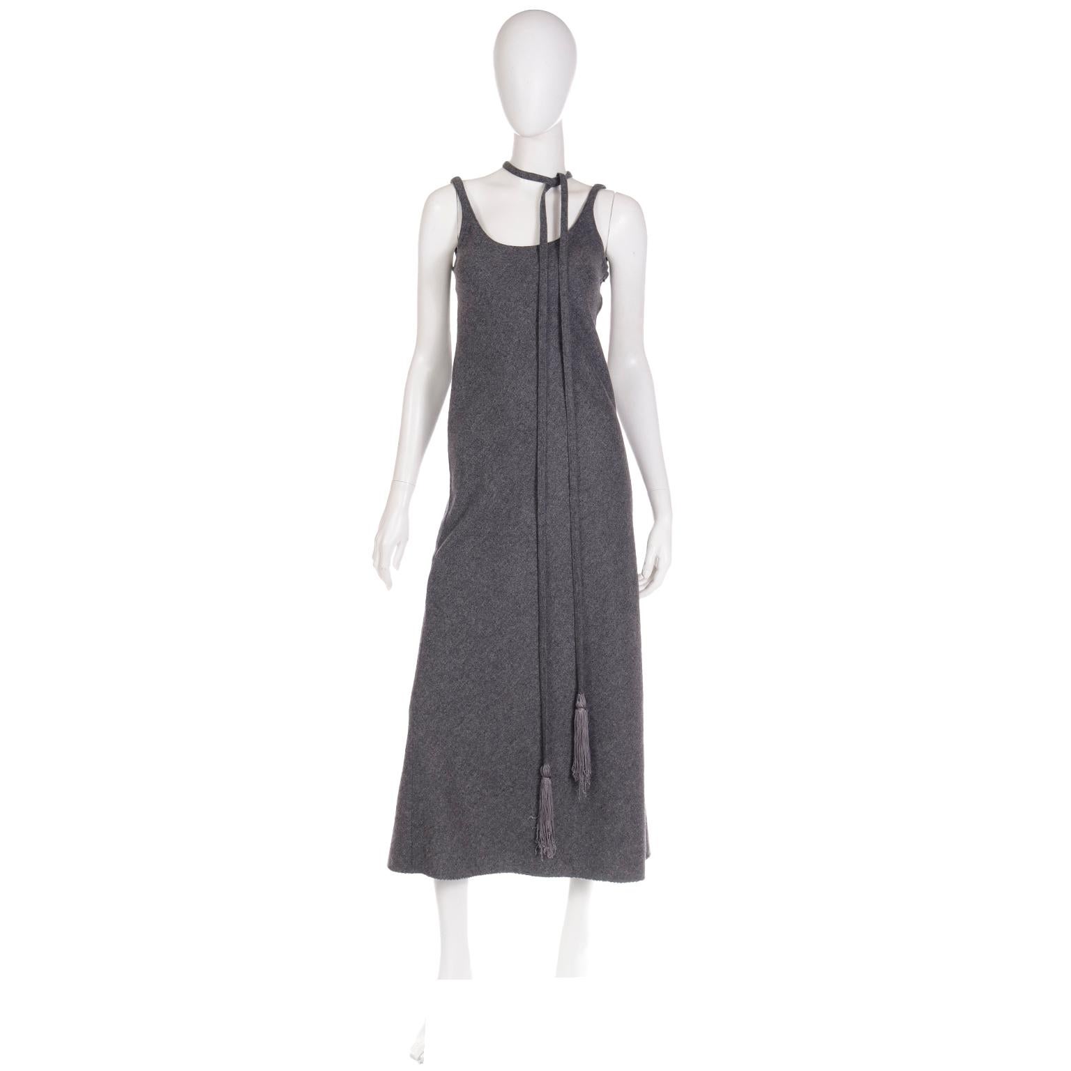 Geoffrey Beene Vintage Gray Wool Dress With Tassel Belt In Excellent Condition For Sale In Portland, OR