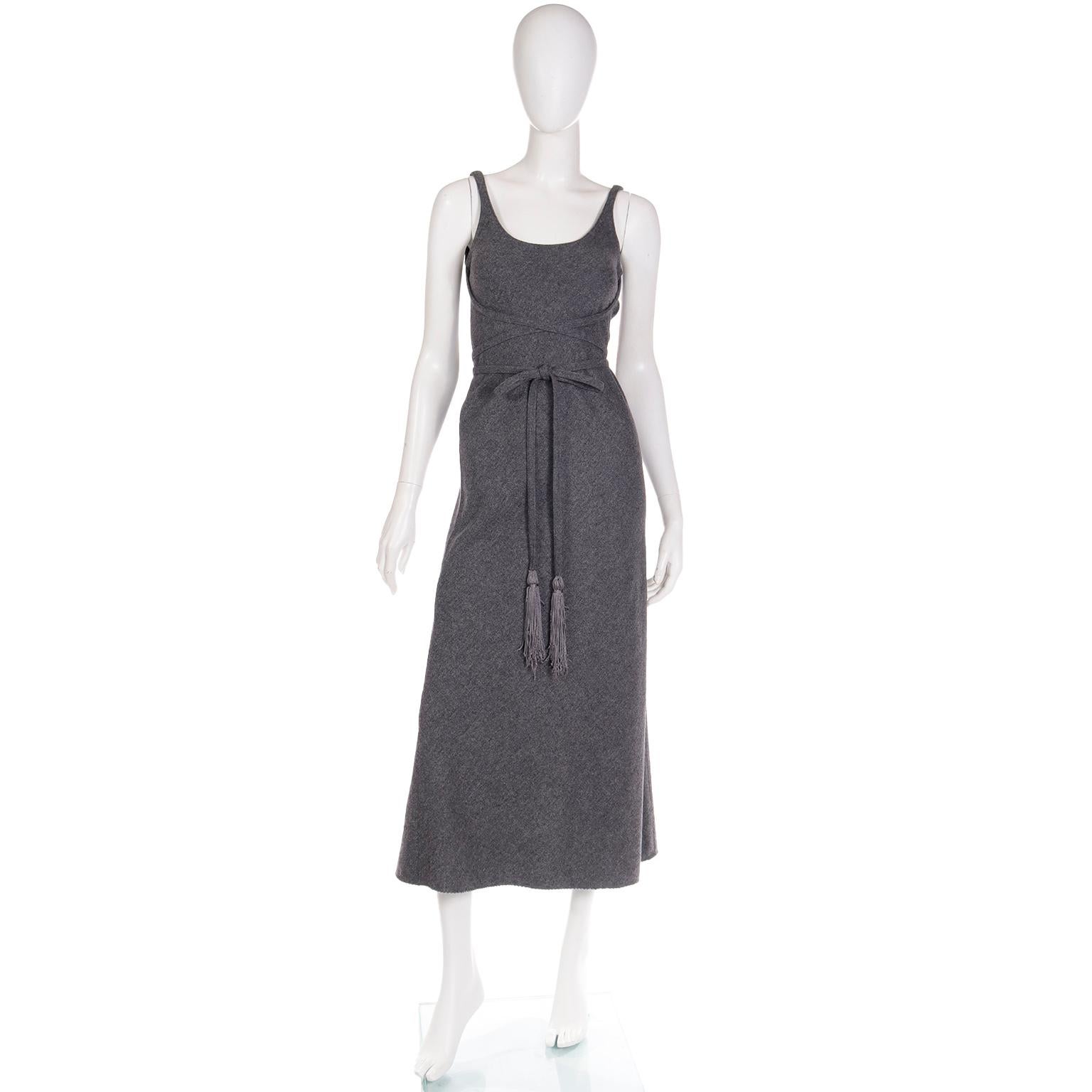 Women's Geoffrey Beene Vintage Gray Wool Dress With Tassel Belt For Sale