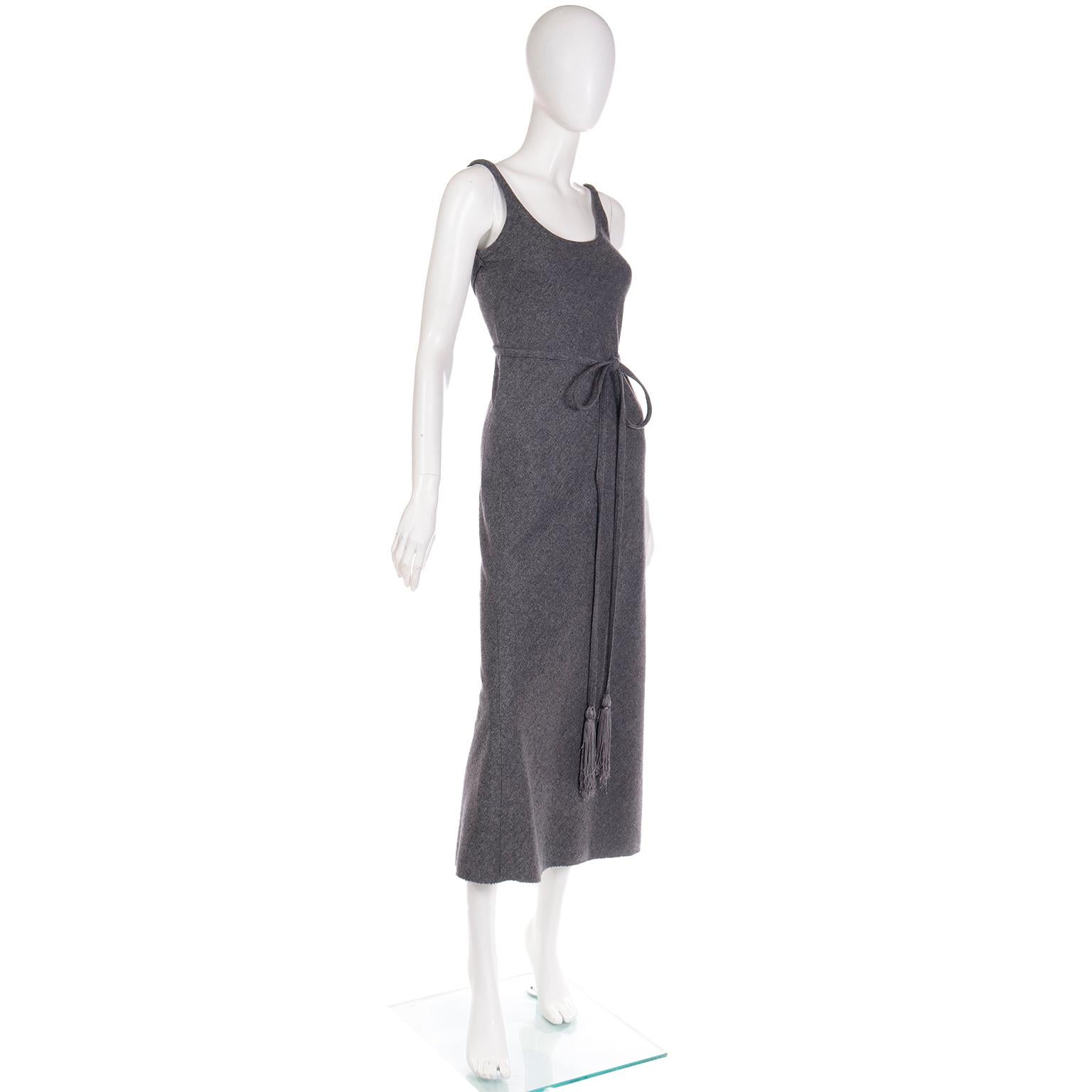 Geoffrey Beene Vintage Gray Wool Dress With Tassel Belt For Sale 1