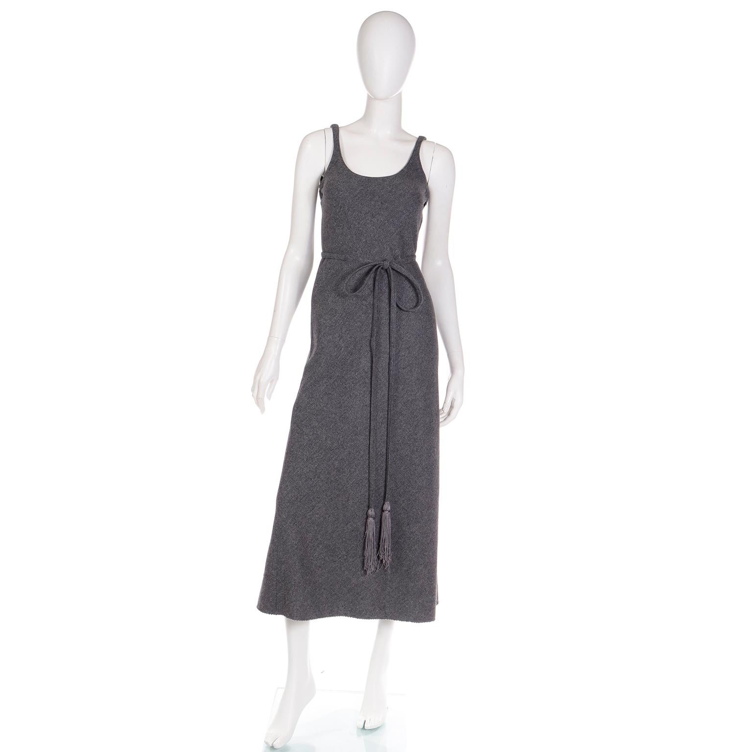 Geoffrey Beene Vintage Gray Wool Dress With Tassel Belt For Sale 4