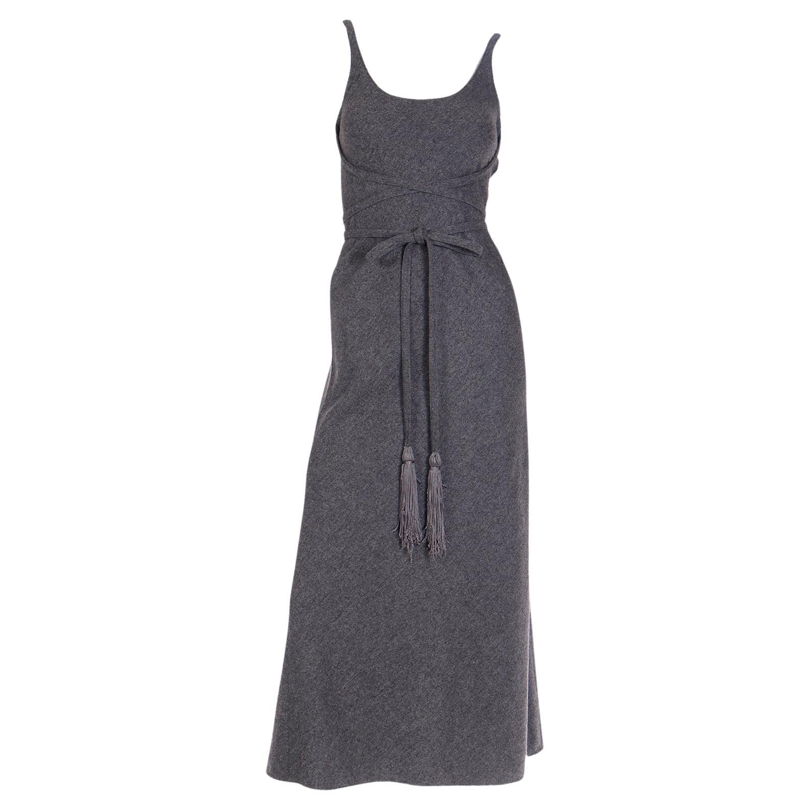 Geoffrey Beene Vintage Gray Wool Dress With Tassel Belt For Sale
